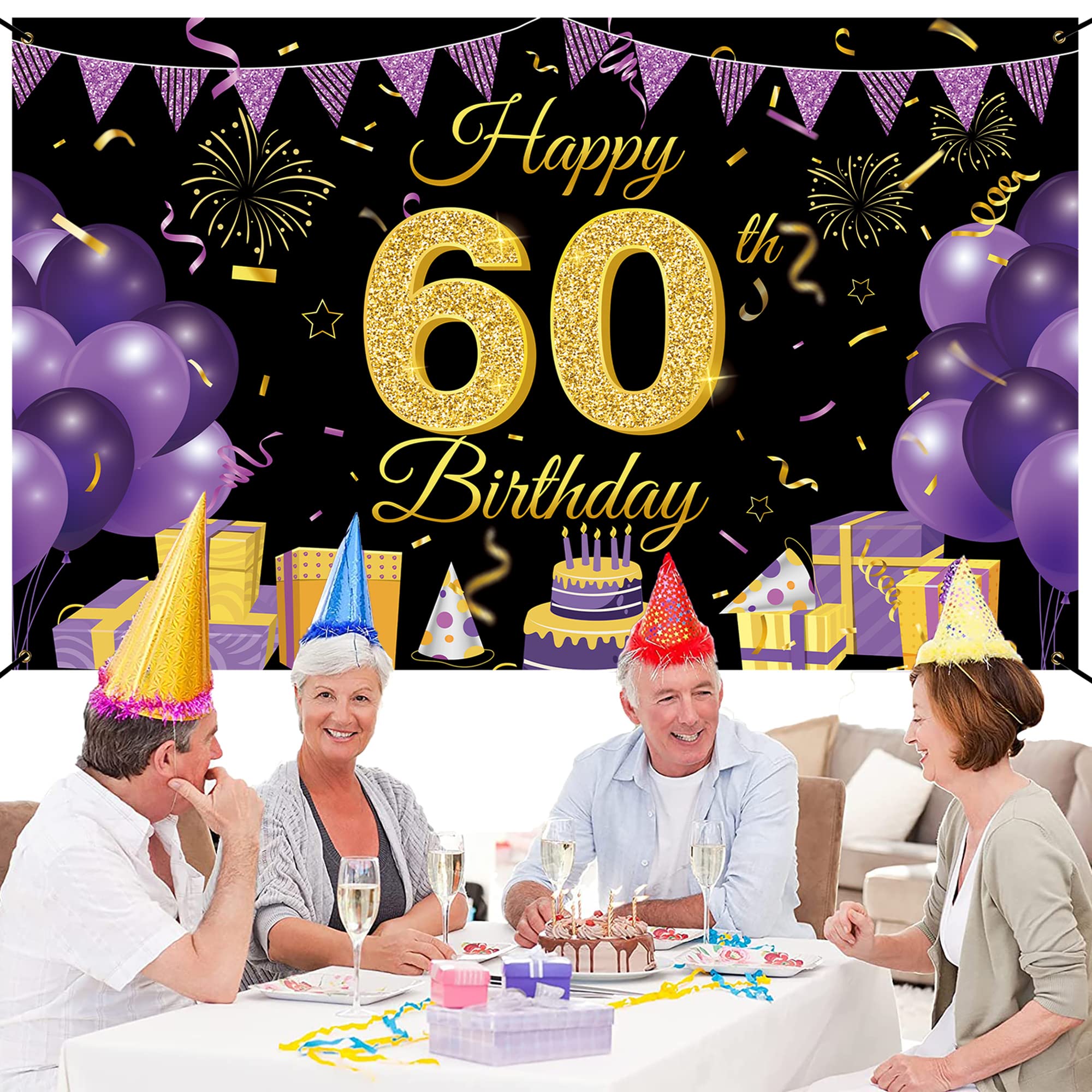 Happy 60th Birthday Backdrop Banner - 70.86” x 43.3” Purple & Black Party Decor - Cheers to 60 Years Photo Booth Props, Yard Sign & Balloon Decorations - Perfect for Birthday Parties, Anniversary Celebrations & Photo Backdrops