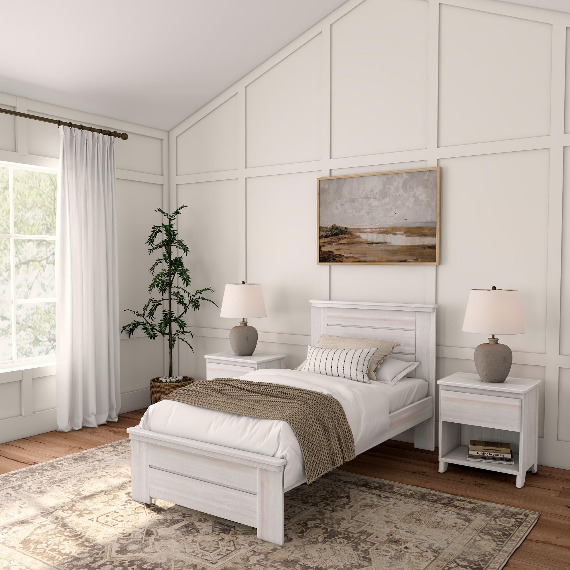 Rustic Wood Twin Bed Frame with Headboard - Solid White Wash Platform Bed for Kids & Guest Rooms - Durable & Stylish Bedroom Furniture for Cozy Spaces