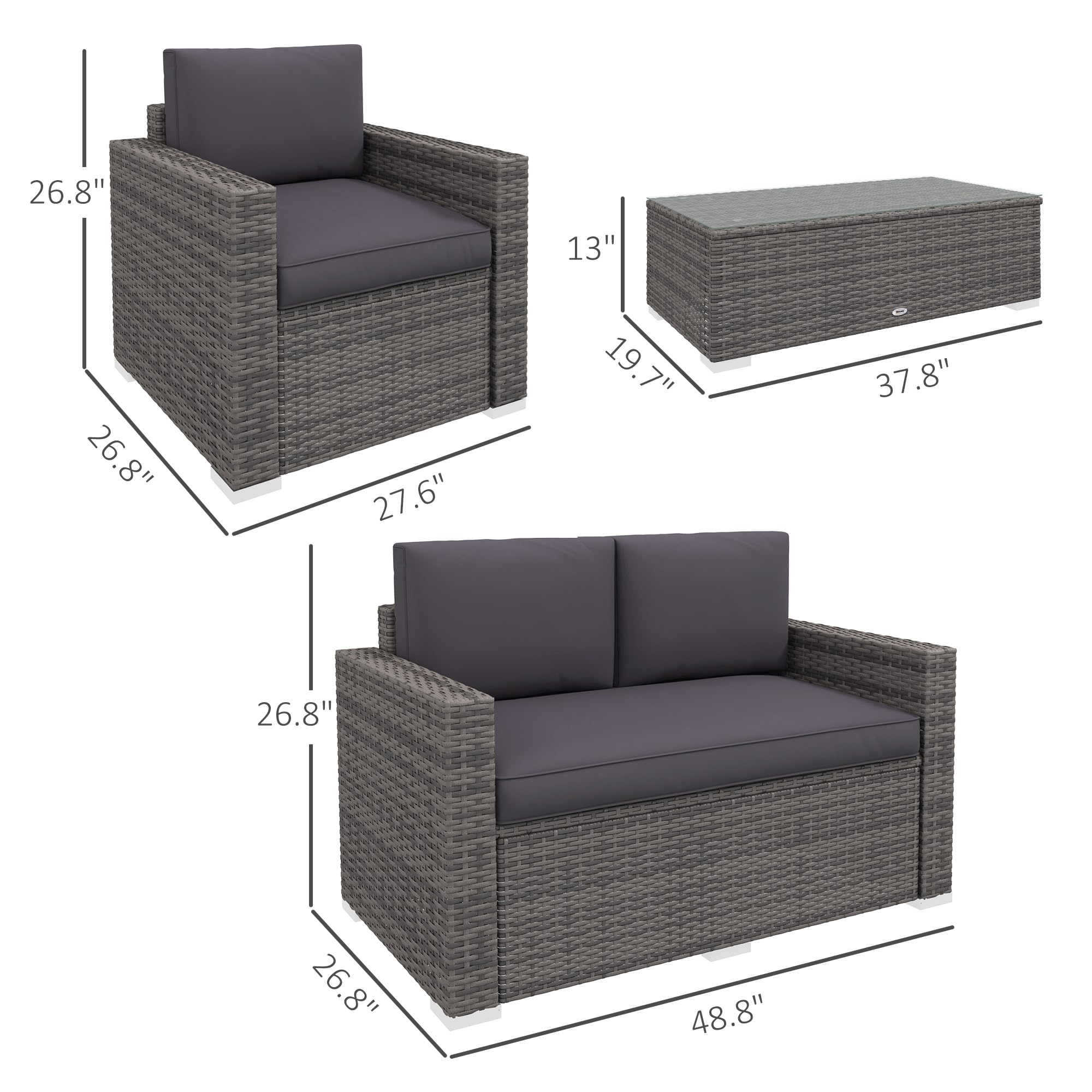 Outsunny 4-Piece Gray Wicker Patio Furniture Set with Cushions - Outdoor Sectional Sofa Set with 2 Sofas, Loveseat & Glass Top Coffee Table - Perfect for Garden, Backyard, and Poolside Relaxation