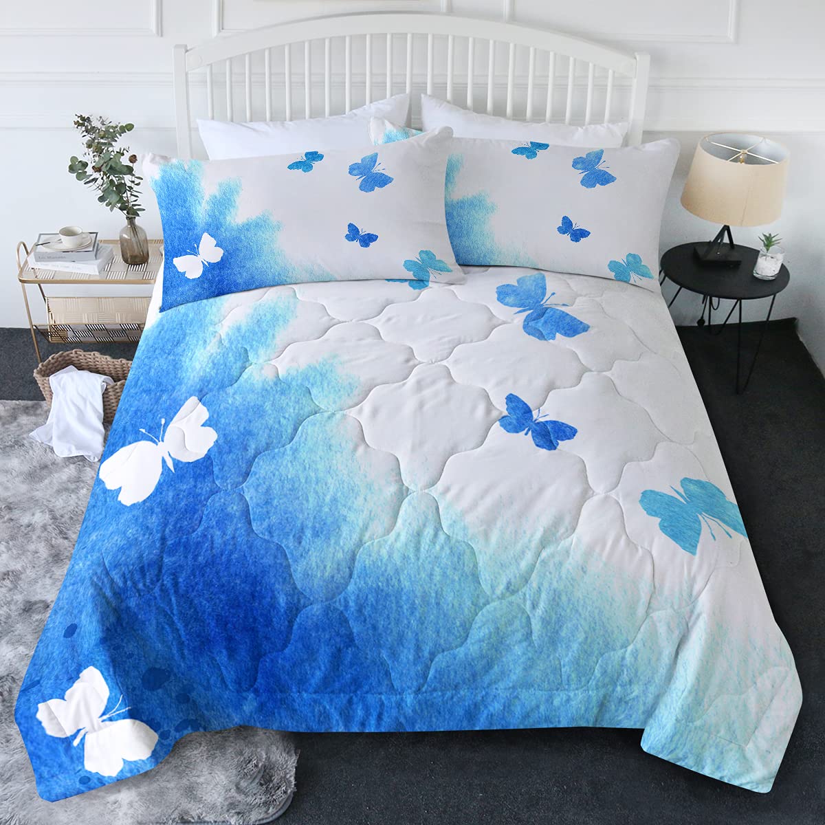 BlessLiving Butterfly Full/Queen Comforter Set - Watercolor Splashed 3-Piece Bedding Quilt with 1 Comforter & 2 Pillow Shams | Soft & Breathable for Cozy Bedroom Decor, Guest Room, Dorm Essentials