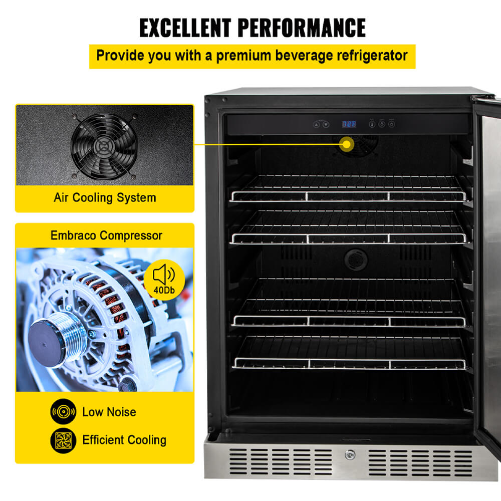 Premium 5.3 Cu.Ft Stainless Steel Built-In Undercounter Wine Beverage Refrigerator - Single Door Design (Model SAK95276) for Home Bars, Restaurants & Entertaining Spaces