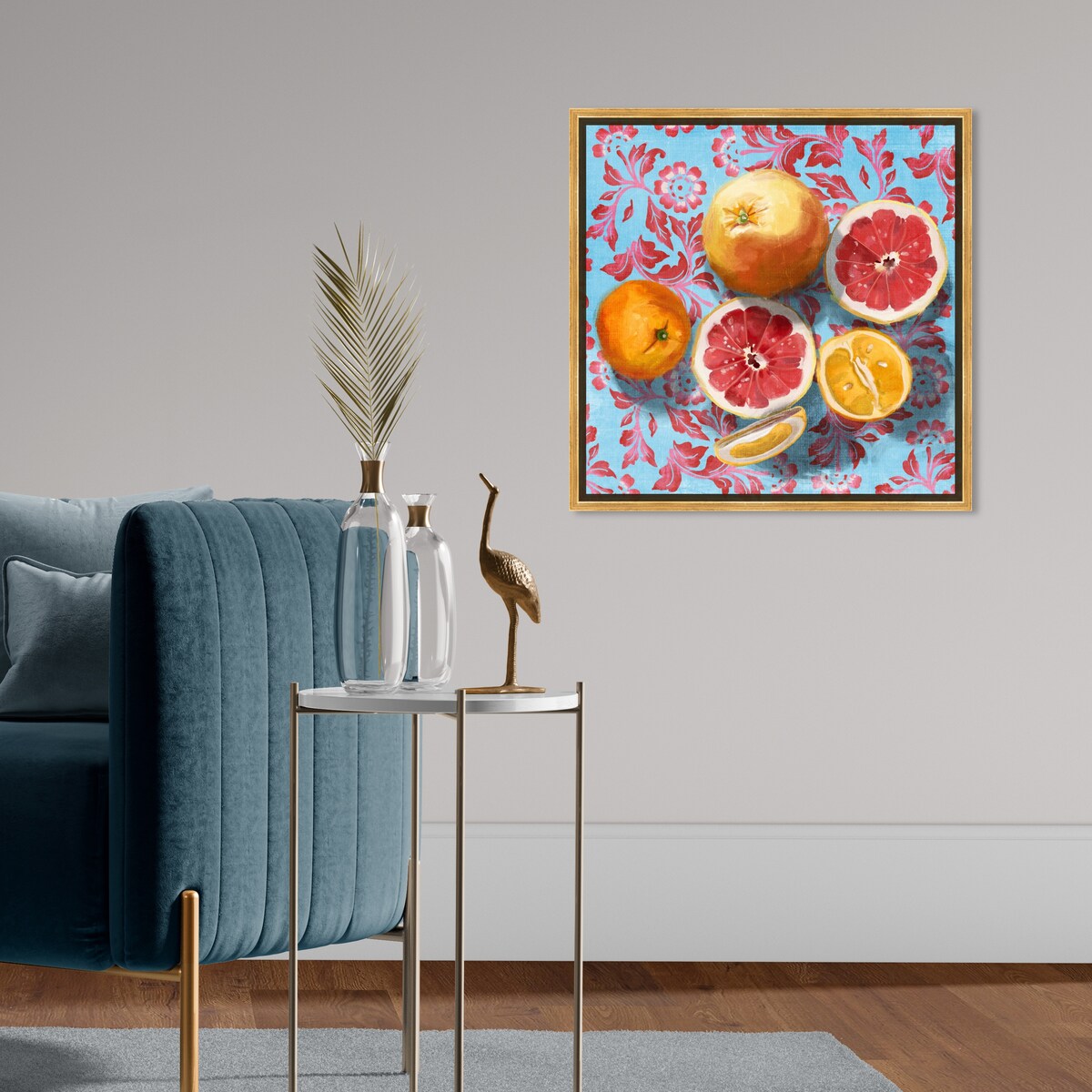 Tropical Citrus Still Life Blue Framed Canvas Wall Art Print - Sour Fruit Kitchen Decor for Cabin & Lodge - Perfect for Farmhouse, Dining Room & Country Style Homes