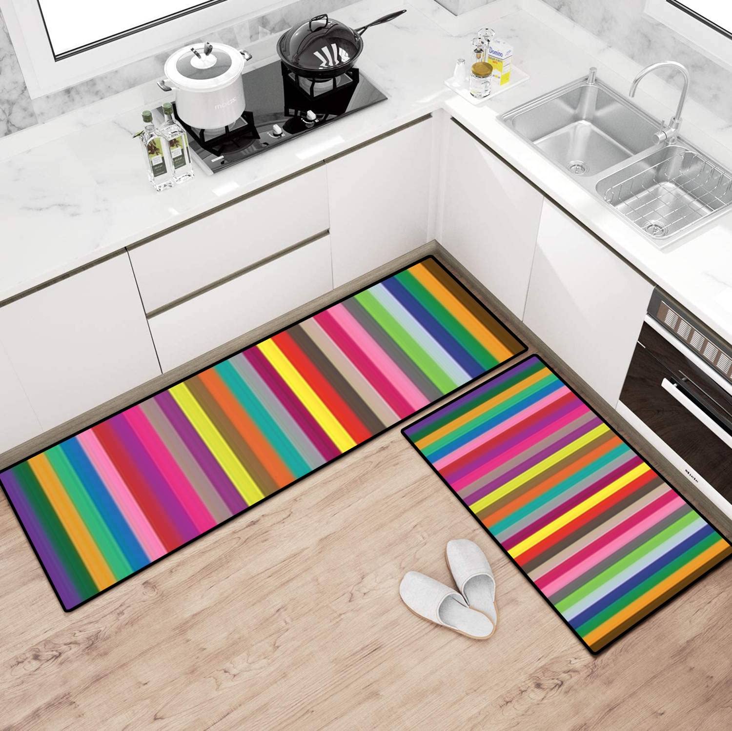 Boho Kitchen Rugs Set - Colorful Striped Abstract Non-Slip Washable Floor Mat - Traditional Folk Style Runner for Kitchen, Bathroom & Entryway - Comfort Standing Mats for Home Decor & Anti-Fatigue - Perfect for Farmhouse, Apartment & Cozy Spaces