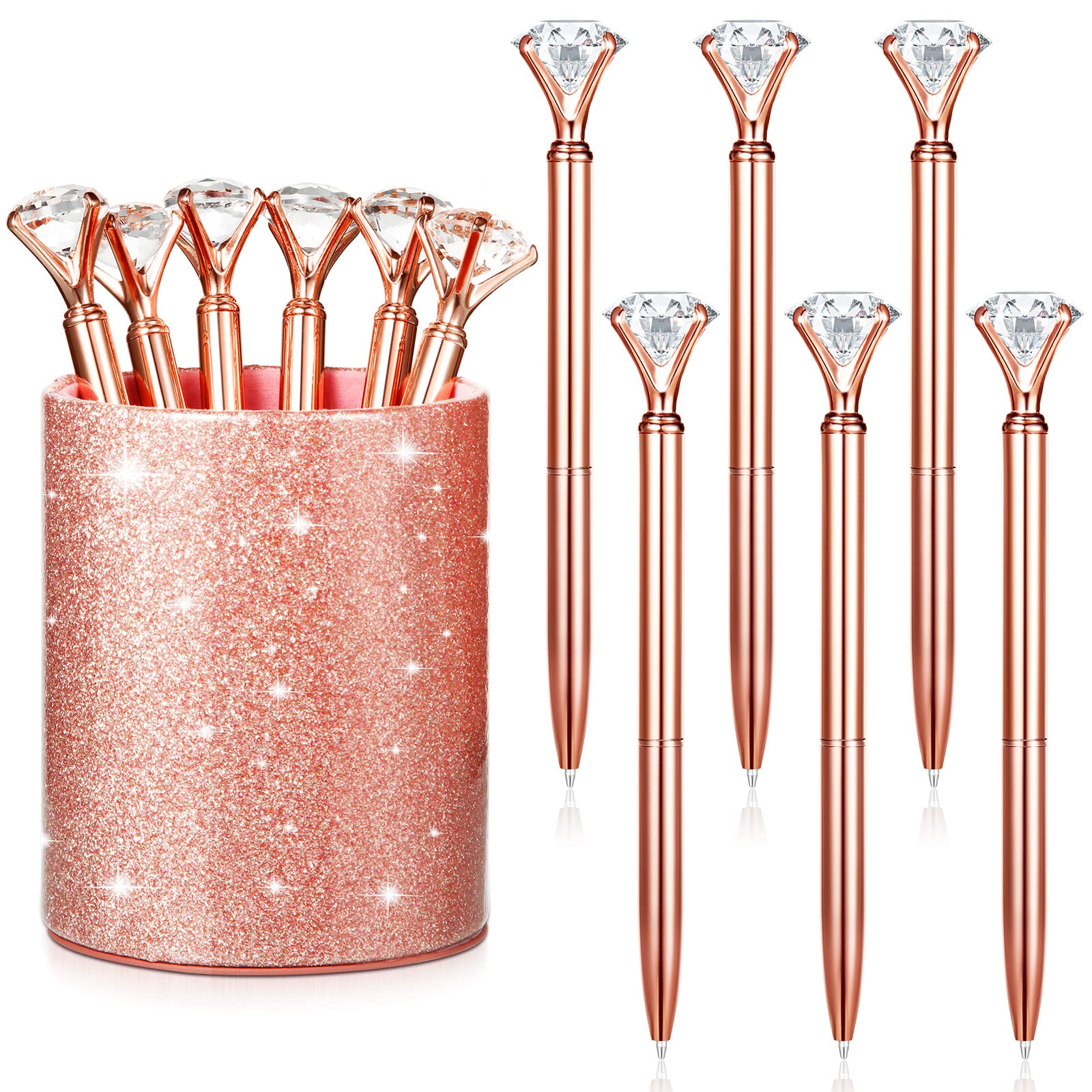 Rose Gold Pen Holder with 6 Bling Diamond Pens - Glitter Desk Organizer & Makeup Brush Cup for Women, Girls, Office & Home Decor - Perfect for School, Workstation & Vanity Table Organization
