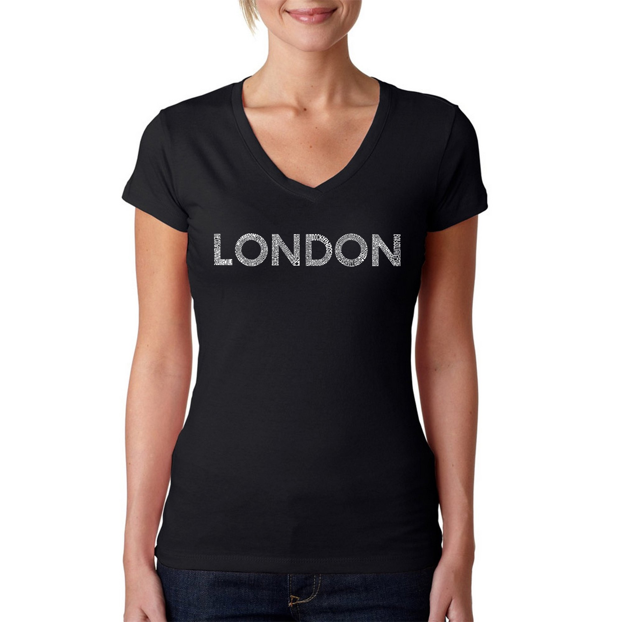 LA POP ART Women's V-Neck Graphic T-Shirt - London Neighborhoods Word Art Design - Fashion Casual Tee for Everyday Wear & Travel