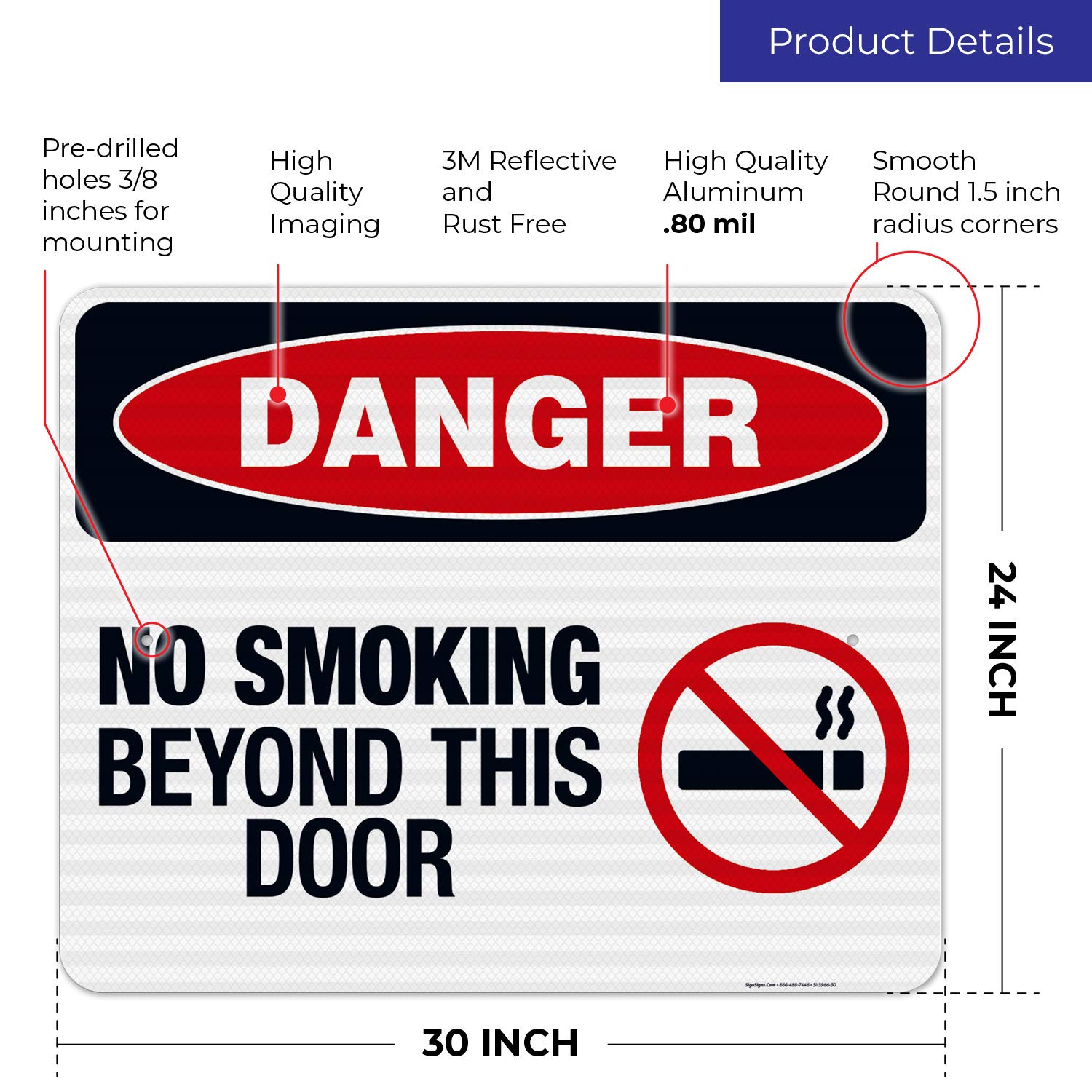 Danger No Smoking Beyond This Door Sign - OSHA Compliant 24x30 Inches, 3M EGP Reflective .080 Aluminum Safety Sign, Fade Resistant for Indoor & Outdoor Use - Made in USA | Perfect for Warehouses, Factories & Public Buildings