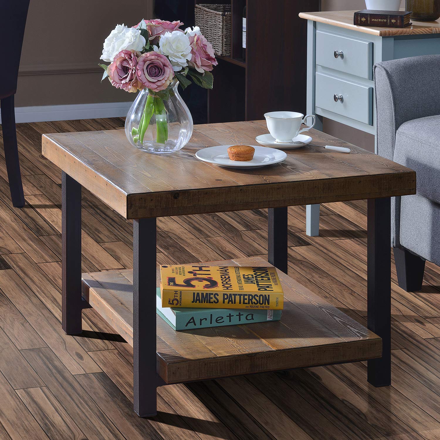 Rustic Natural Coffee Table with Storage Shelf - 26