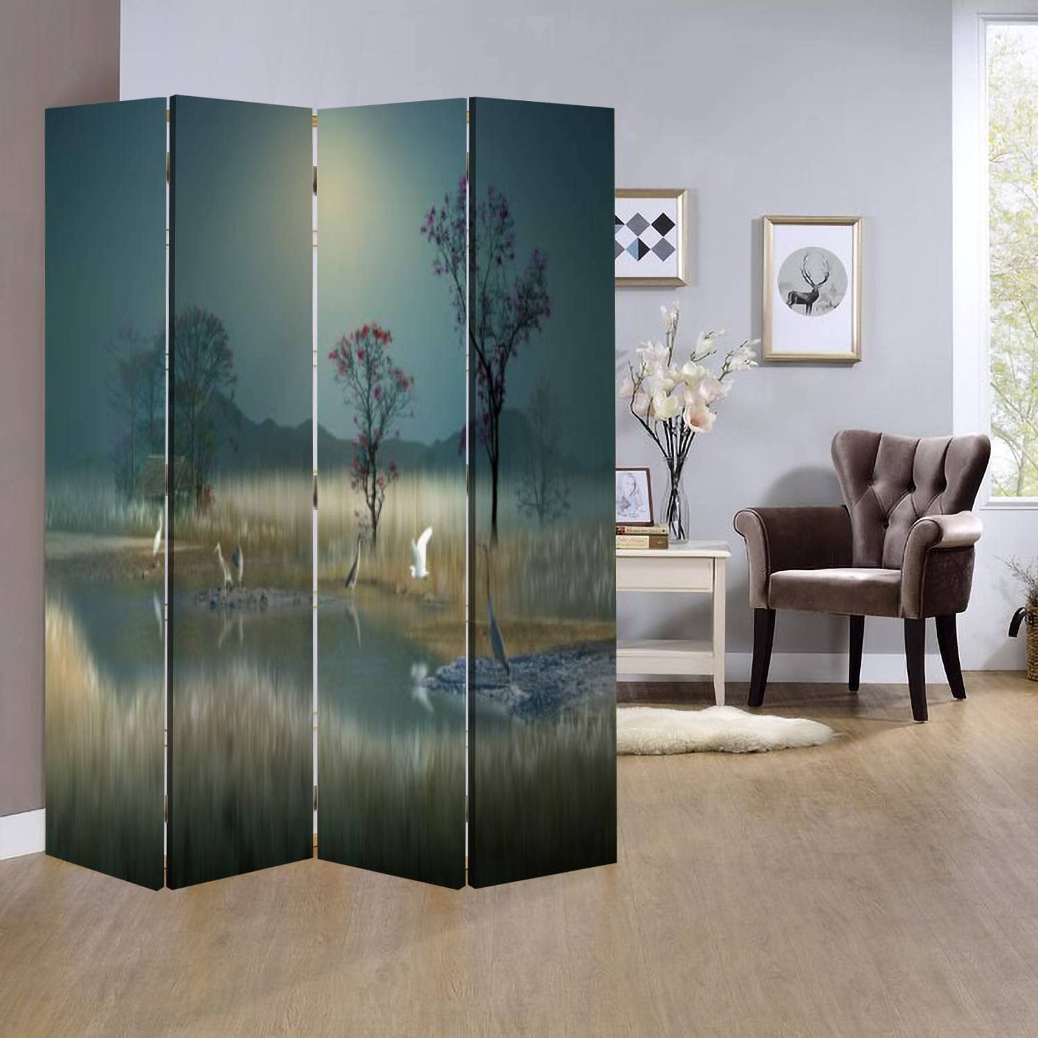 Wooden Room Divider Folding Screen - 4 Panel Canvas Privacy Partition with Dual-Sided Design for Home & Office - Creates Peaceful Atmosphere - Indoor Display Shelves - Multicolor - Perfect for Living Room, Bedroom, Yoga Studio and Meditation Space
