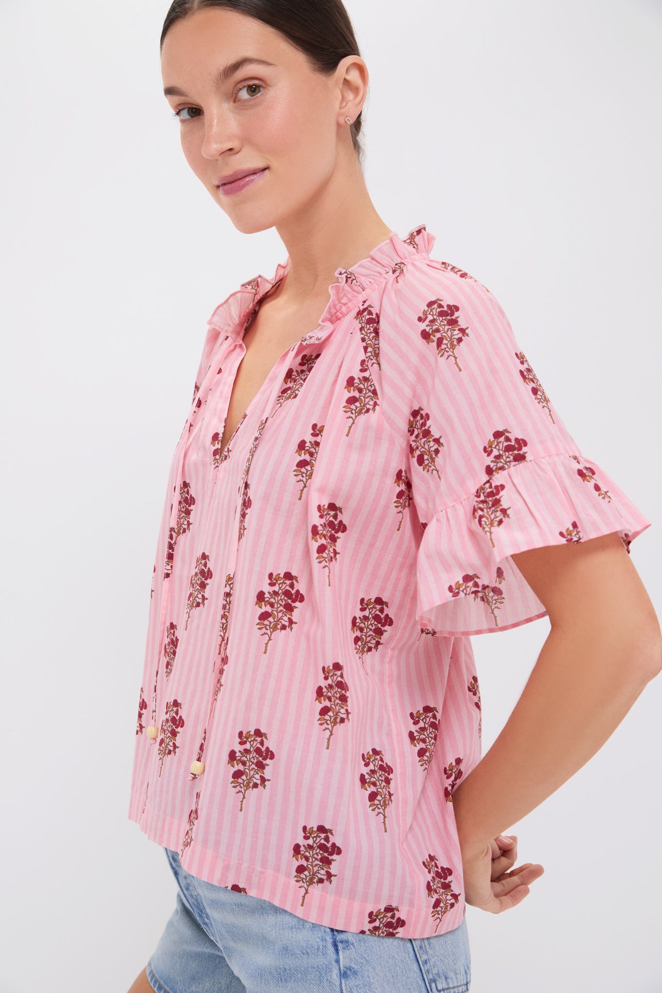 Blush Striped Bouquet Cassis Top - Women's Fashion Blouse for Casual Wear, Date Night & Office Outfits | Trendy Striped Design for Spring & Summer