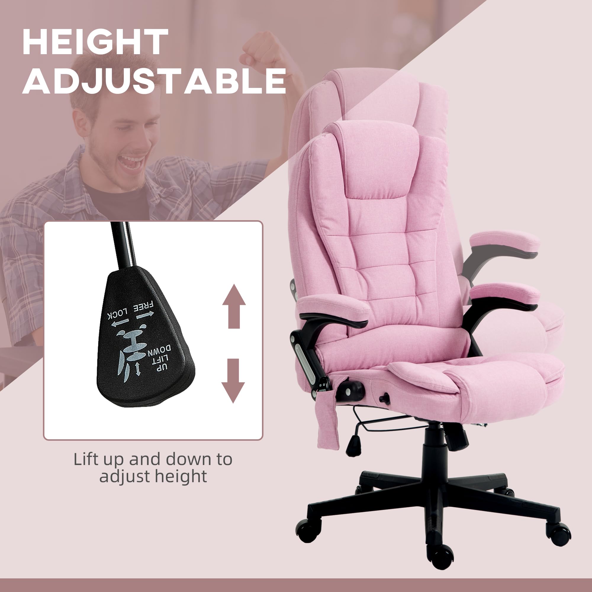 Vinsetto 6-Point Vibrating Massage Office Chair with Heating - High Back Executive Ergonomic Chair with Reclining Function, Padded Armrests & Remote Control (Pink) - Perfect for Home Office, Gaming & Relaxation