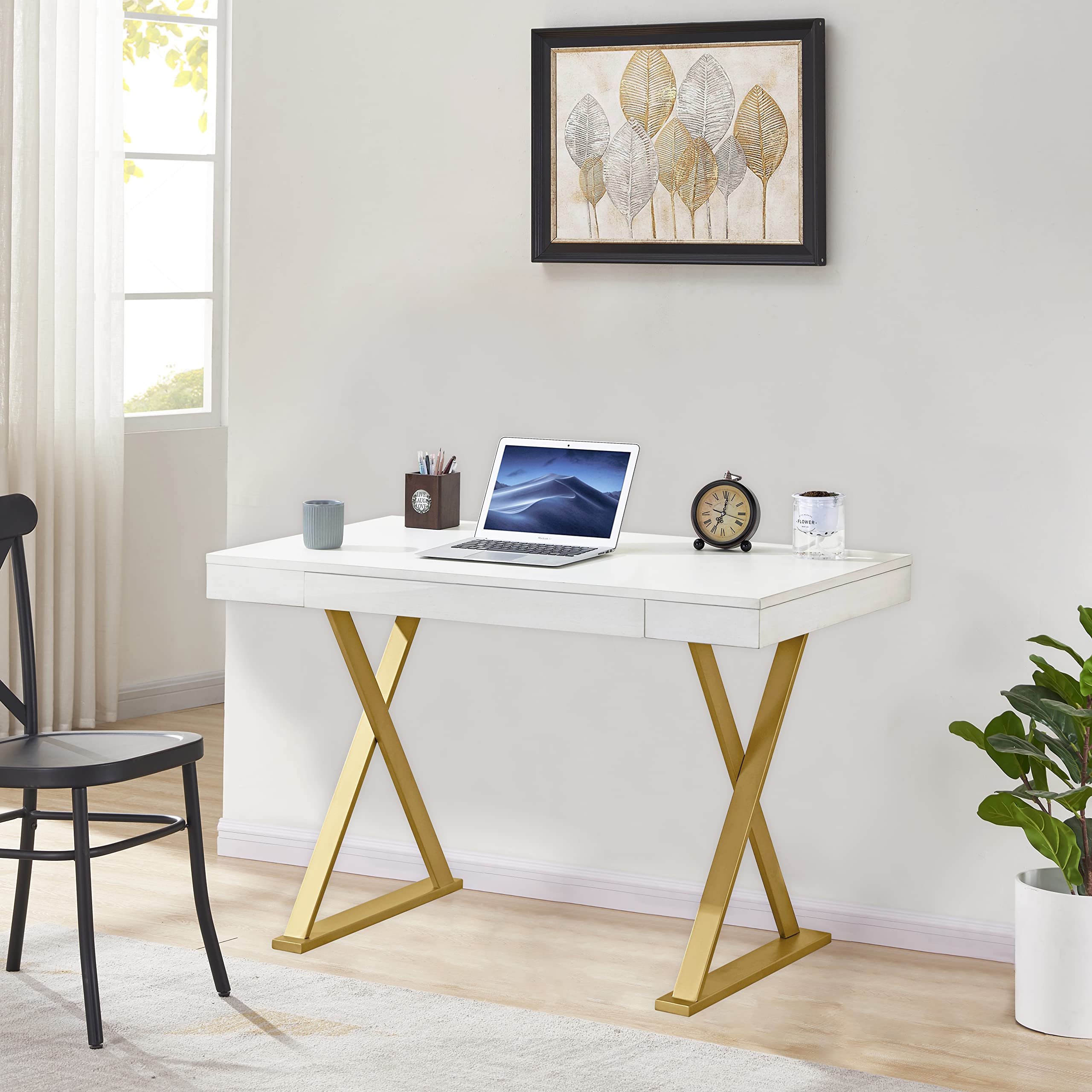 Audrey Living 48 Inch White Wood Top Writing Computer Desk with Drawer | Laptop Work Study Table with Metal Legs | Perfect for Home Office, Study Room & Bedroom Workspaces