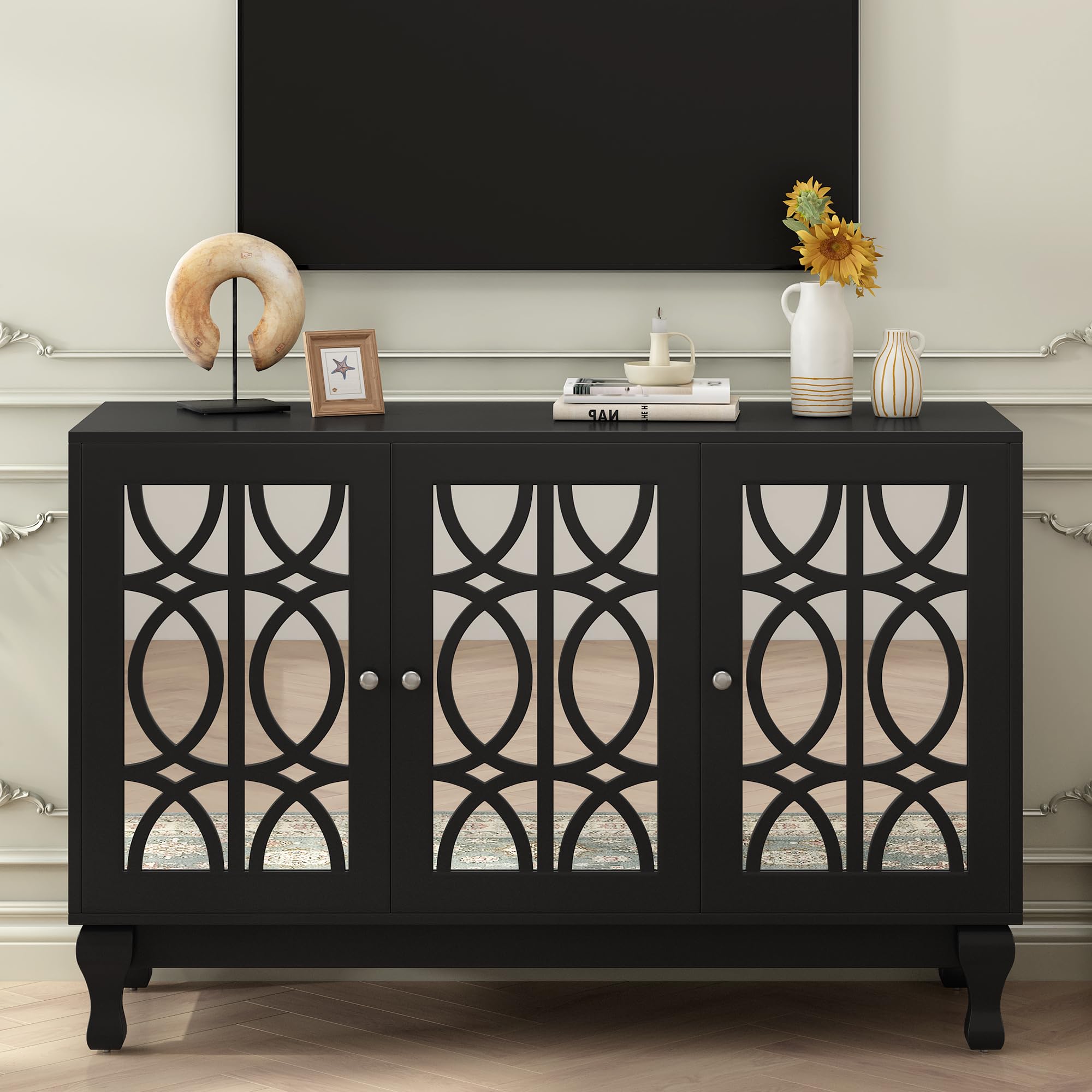 Knocbel 55 Inch TV Stand with Mirror Finish - Modern Entertainment Center with 3 Storage Cabinets, Adjustable Shelves, Solid Wood Legs & Metal Handles (47.2
