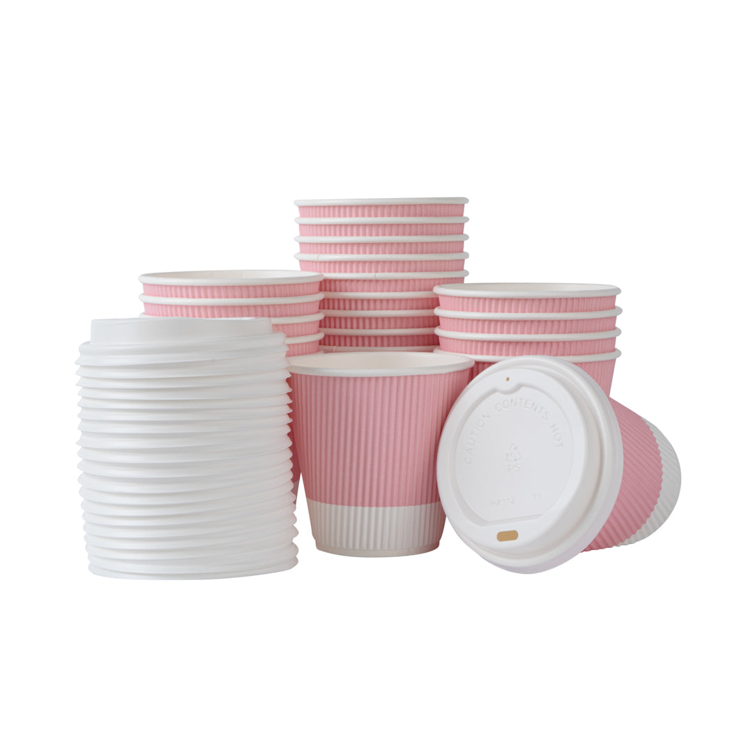 8 oz Light Pink Ripple Wall Paper Coffee Cups with White Lids - 3.5
