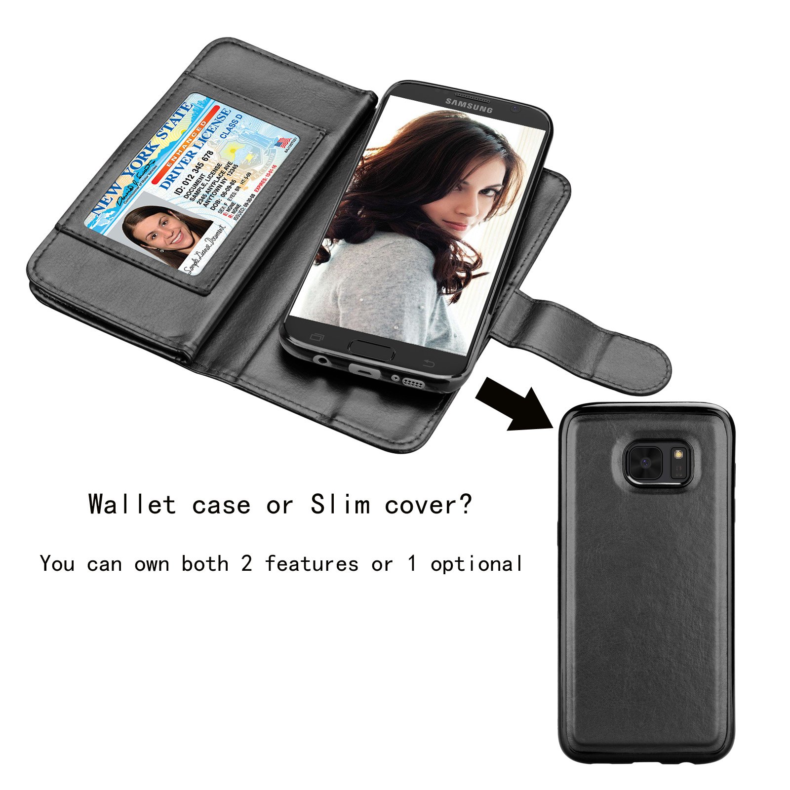 Premium PU Leather Wallet Case for Samsung Galaxy S7 Edge - 9 Card Slots RFID Blocking Flip Cover with Detachable Magnetic Wrist Strap & Kickstand (Black) - Perfect for Business, Travel & Everyday Use