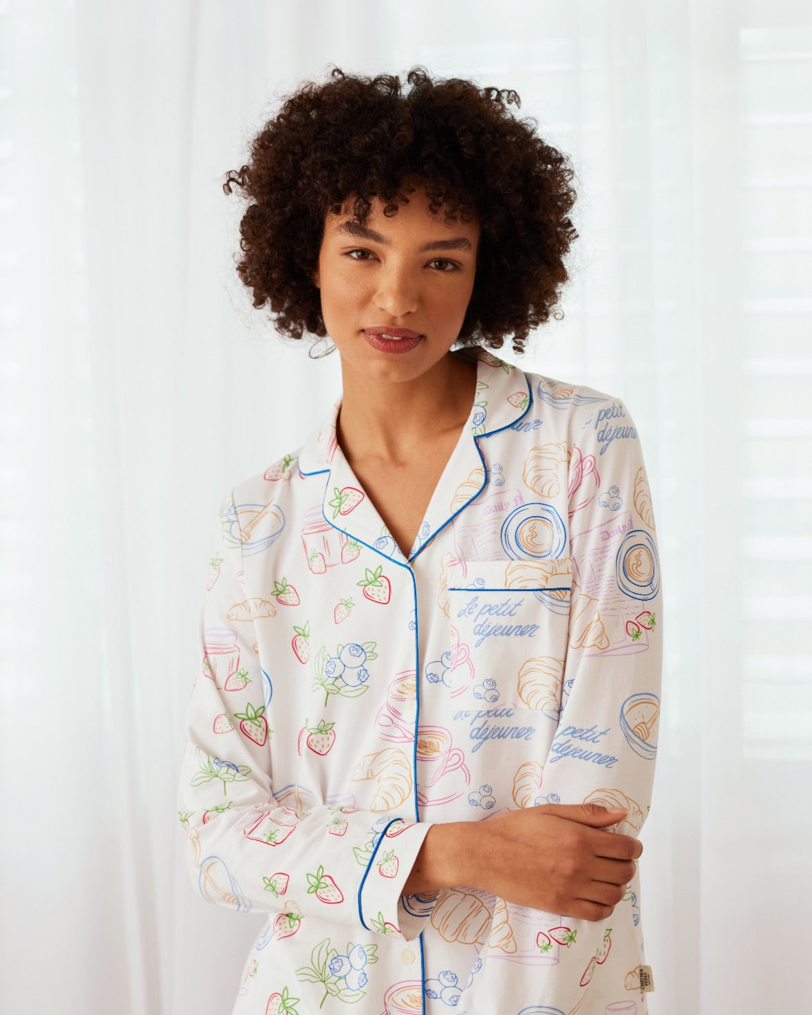 Organic Cotton Breakfast Print Long Sleeve Pajama Set for Women - Cozy & Comfortable Sleepwear for Nighttime Relaxation & Lounging
