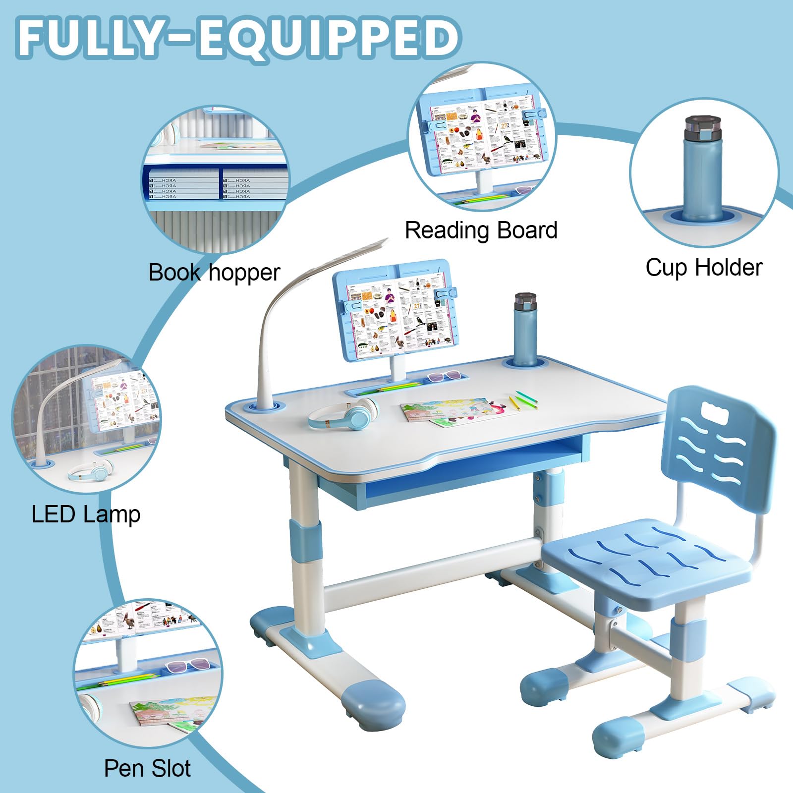 Adjustable Kids Desk and Chair Set with Light, Book & Bottle Holder - Ergonomic Study Desk for Boys & Girls, Home School Furniture for Children - Perfect for Homework, Reading & Online Learning