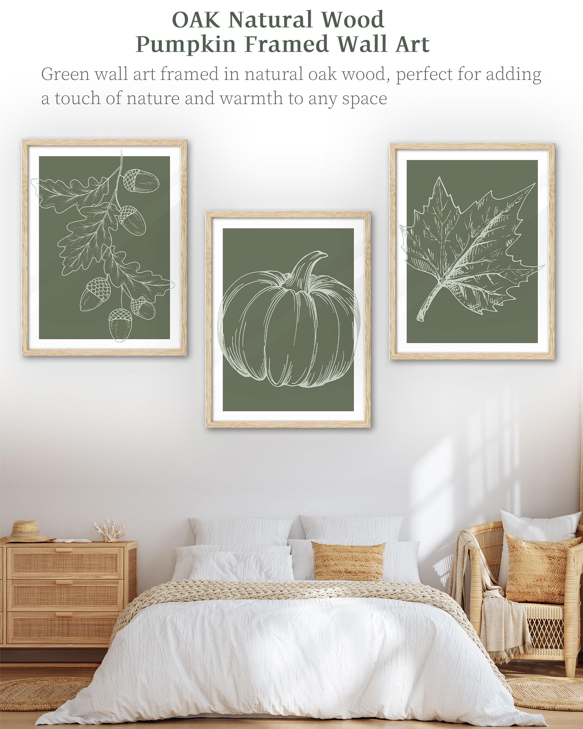 iHery Natural OAK Wood Autumn Pumpkin Framed Wall Art - 12x16 Inch Fall Leaves Canvas Decor with Warm Tones - Set of 3 Green Posters for Bedroom, Living Room & Office - Seasonal Home Decor for Thanksgiving & Cozy Interior Design