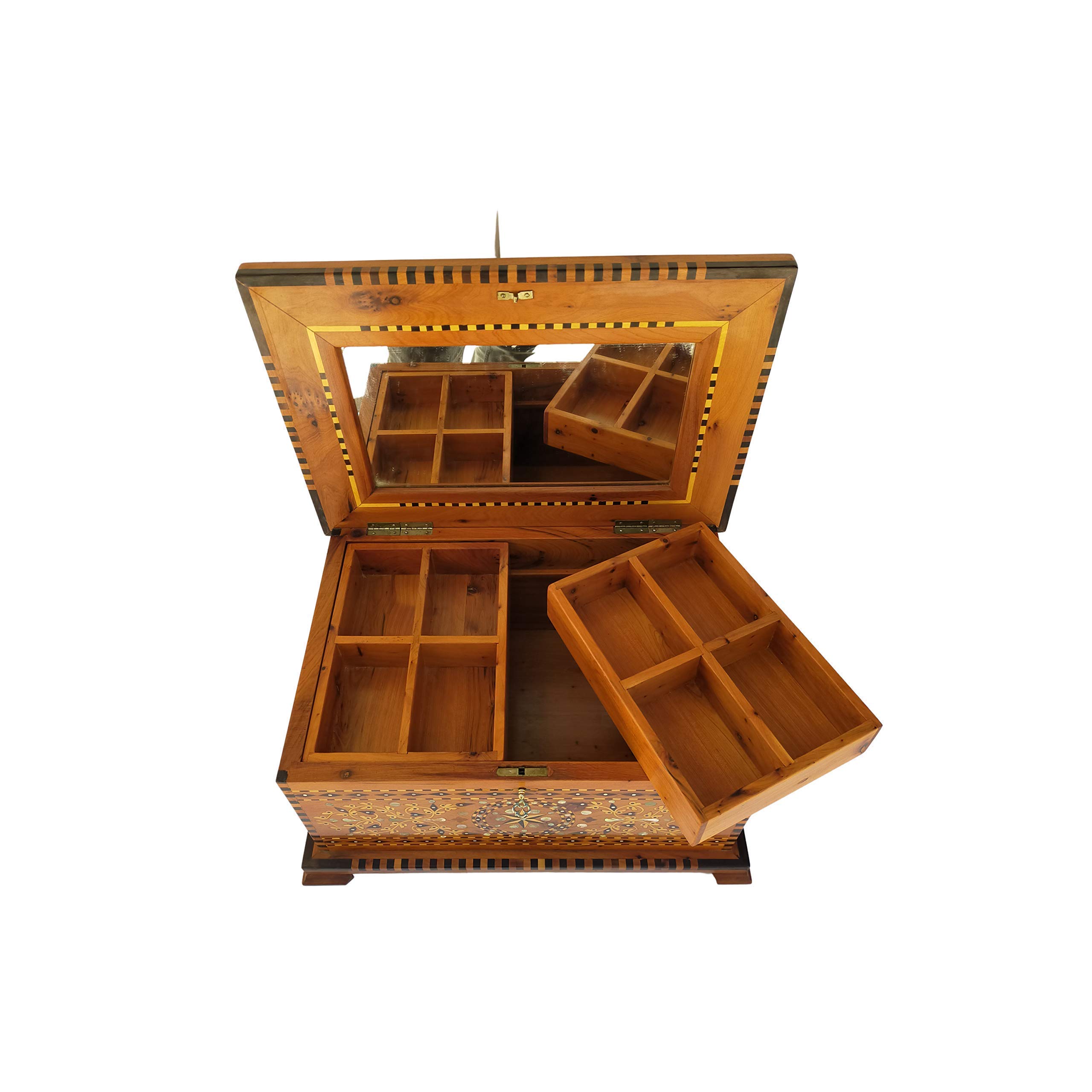 Thuja Wood Jewelry Box with Lock - 2-Tier Wooden Storage Chest with Mirror for Necklaces, Rings & Earrings - Perfect for Bedroom, Vanity & Travel