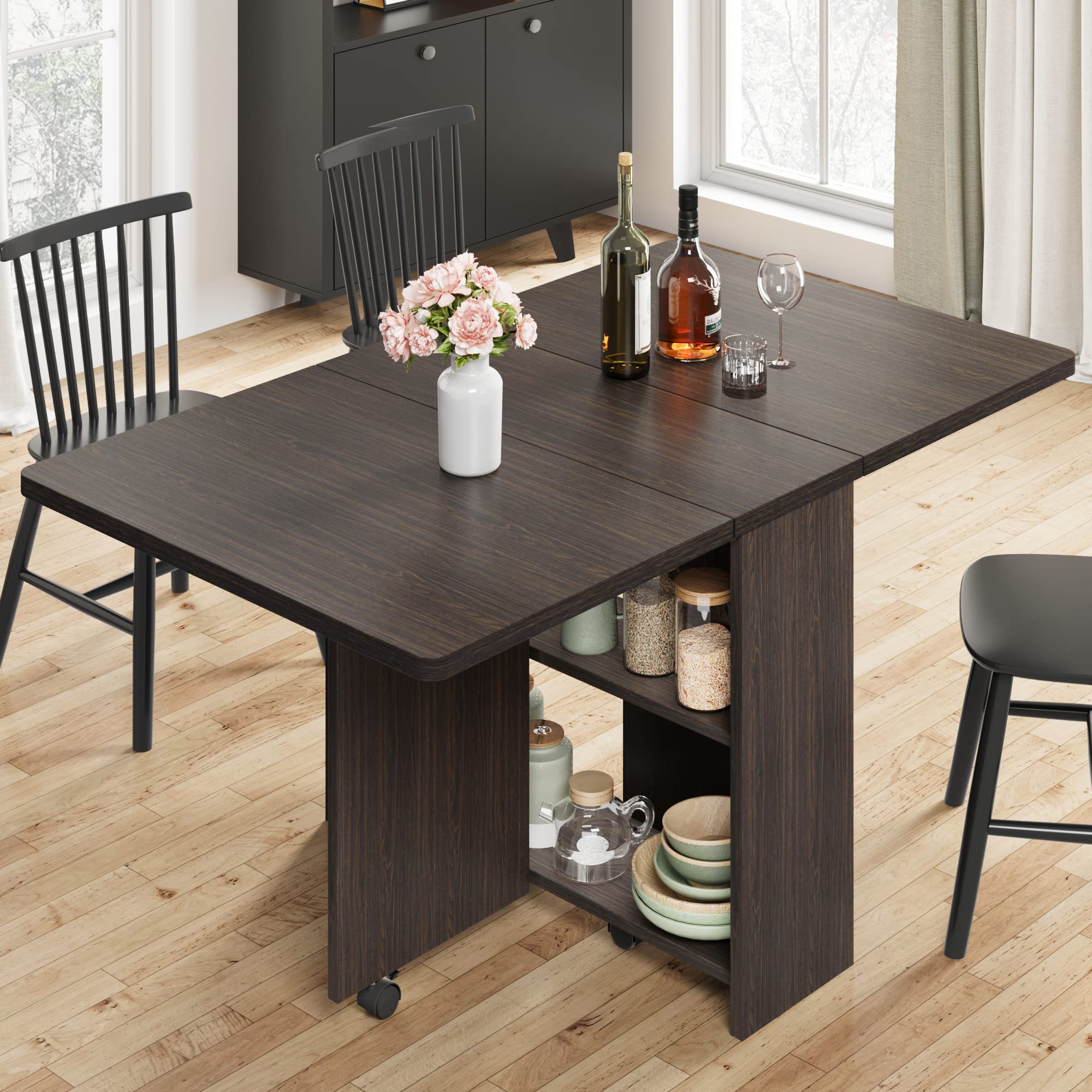 IDEALHOUSE Folding Dining Table with Drop Leaf, 6 Wheels & 2-Tier Storage Shelf - Space Saving Kitchen Table for Small Spaces, Compact Apartment & RV (Dark Walnut, 47.2