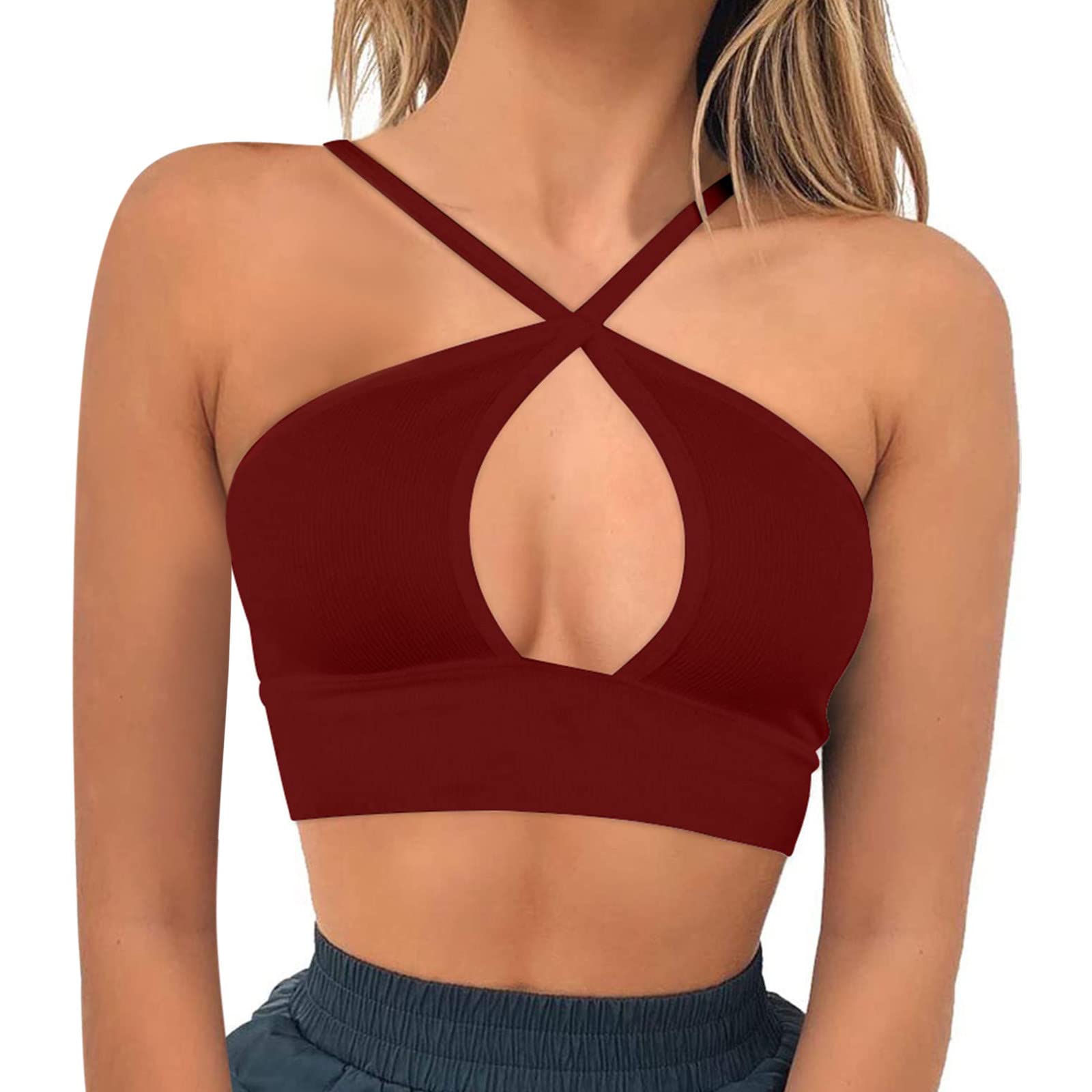 Sexy Women's Ribbed Halter Crop Top - Criss Cross Sleeveless Shirt for Summer, Workout & Party | Stretchy Compression Fit for Yoga, Beach & Night Out