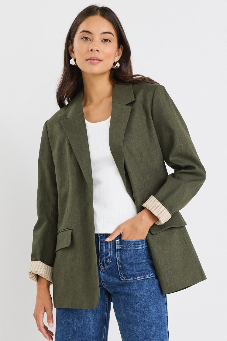 Stylish Khaki Ramie Rolled Sleeve Blazer for Women - Lightweight Summer Office Jacket - Perfect for Business Casual, Workwear & Outdoor Events