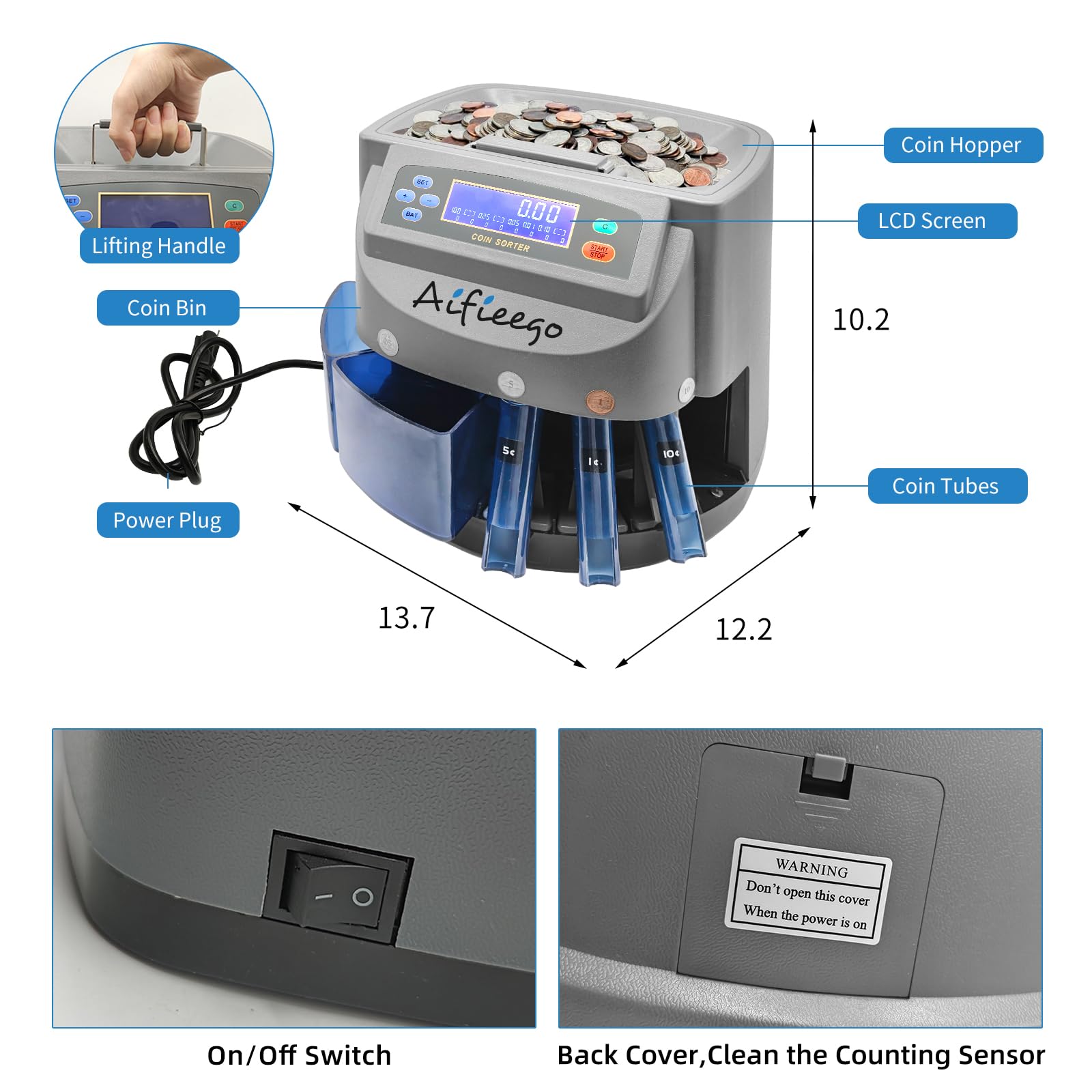 Automatic Coin Counter Sorter Machine with 48 Coin Wrappers - Digital Money Counting & Rolling Machine for US Coins (Grey) - Perfect for Banks, Retail Stores, and Home Coin Organizing