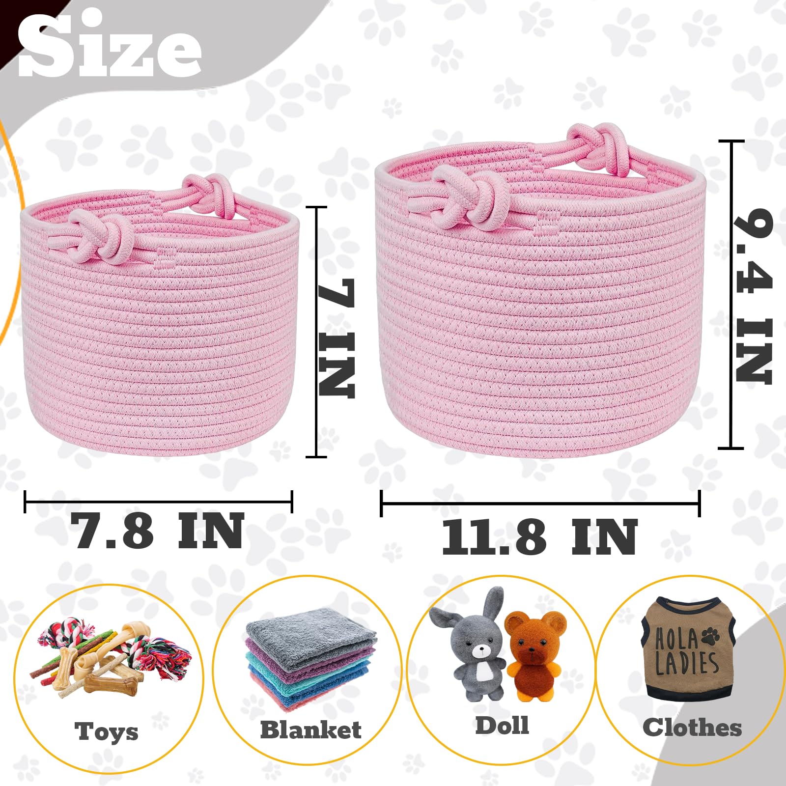 Personalized Dog Toy Basket - Custom Rope Woven Pet Storage Organizer with Handles & Name Embroidery - Cute Toy Bin for Dogs & Cats (Pink) - Perfect for Pet Room Organization & Toy Storage