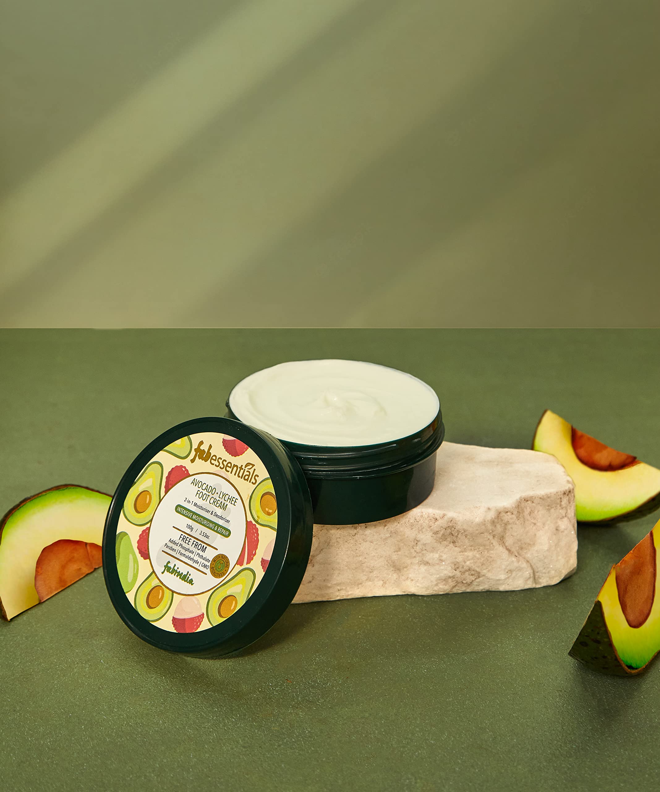 Fabessentials Avocado Lychee Foot Cream with Shea Butter & Jojoba Oil - 2-in-1 Moisturizing & Deodorizing Foot Treatment for Dry Cracked Heels - Intensive Hydration & Repair - 100g - Perfect for Pedicures, After Workout & Overnight Foot Care