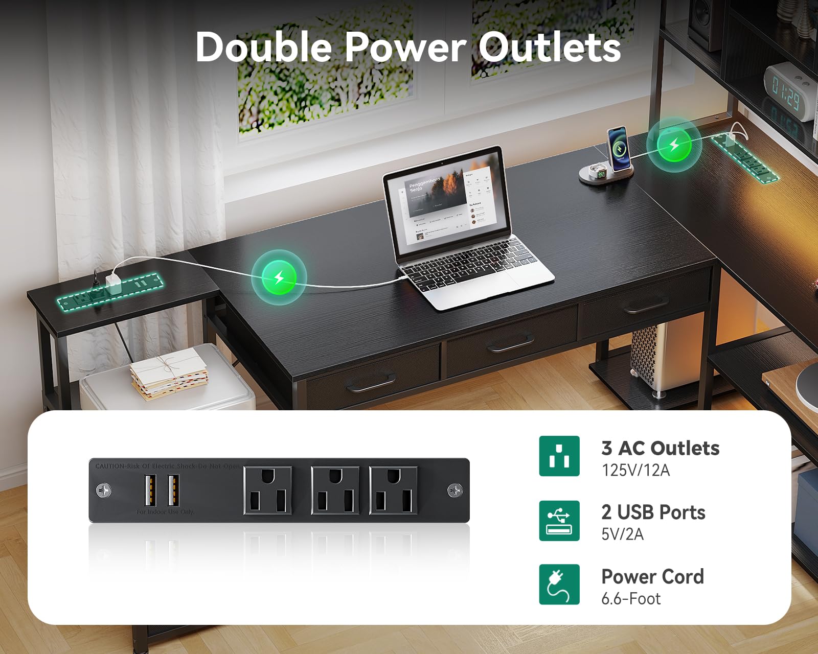 AODK 79 Inch Black L-Shaped Gaming Desk with Power Outlets, LED Lights & Storage Shelves - Reversible Computer Desk with File Drawers for Home Office & Gaming Setup - Perfect for Small Spaces, Streaming & Work From Home