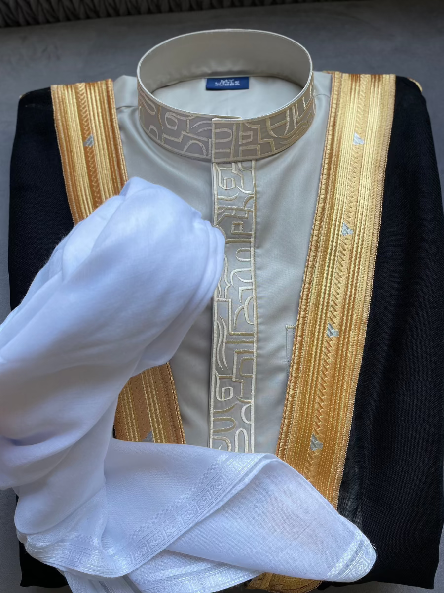Premium Men's Light Grey Thobe with Gold Embroidery - 3 Piece Set for Eid, Wedding & Special Occasions