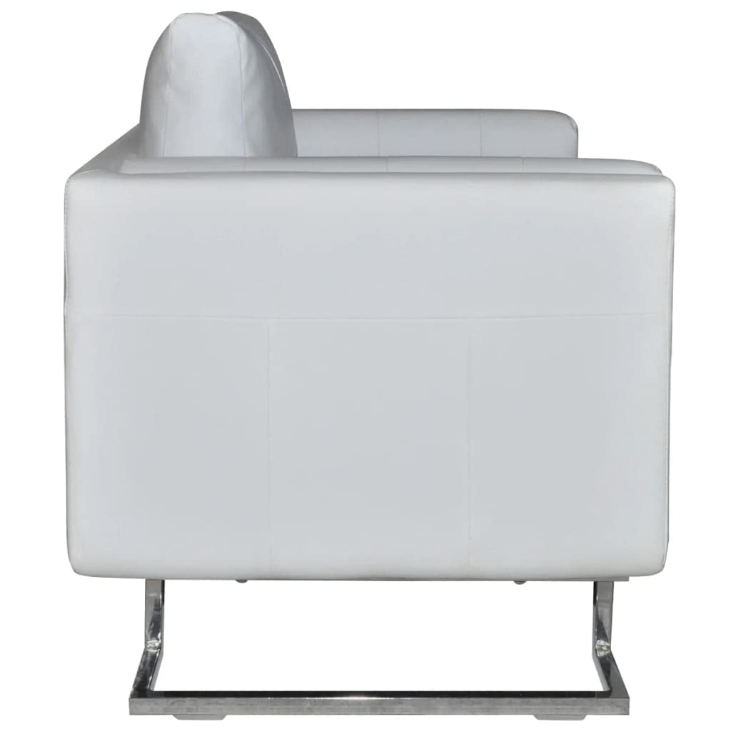 Modern White Leather Cube Armchair with Chrome Accents - Upholstered Accent Chair for Living Room, Bedroom & Office - Comfy Reading Chair for Relaxing, Lounging & Home Decor