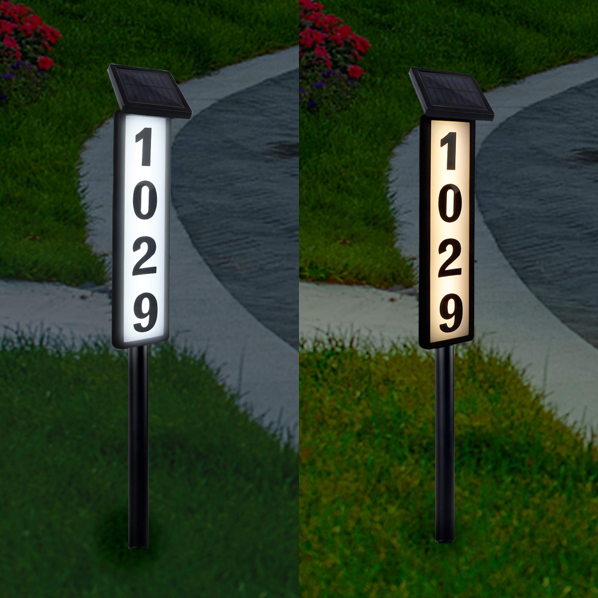 ATDAWN Solar Powered LED Illuminated House Address Numbers Sign - Outdoor Weatherproof Address Plaque for Home, Yard, Garden - Perfect for Nighttime Visibility & Curb Appeal Enhancement