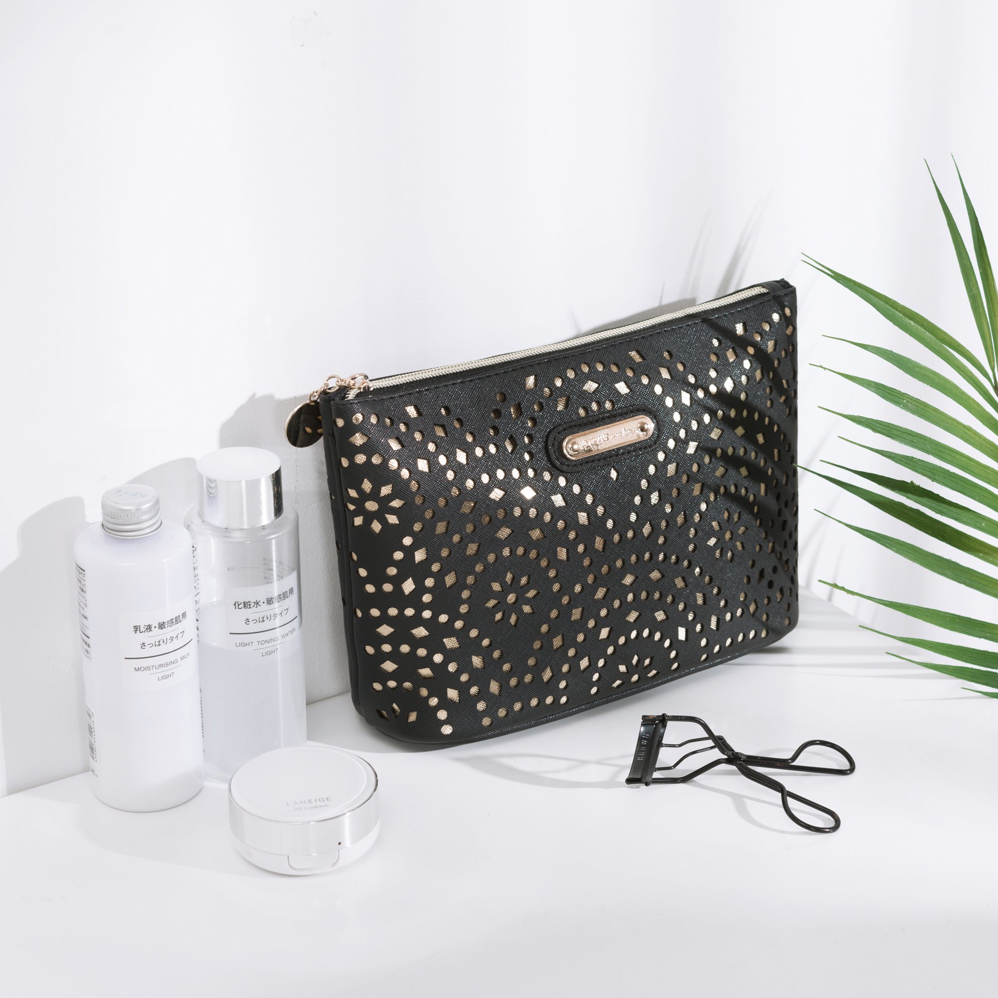 Black Makeup Bag with Gold Pattern & Zipper - Women's Travel Toiletry Organizer for Cosmetics, Brushes & Jewelry Accessories (Perfect for Vacation, Gym & Daily Use)
