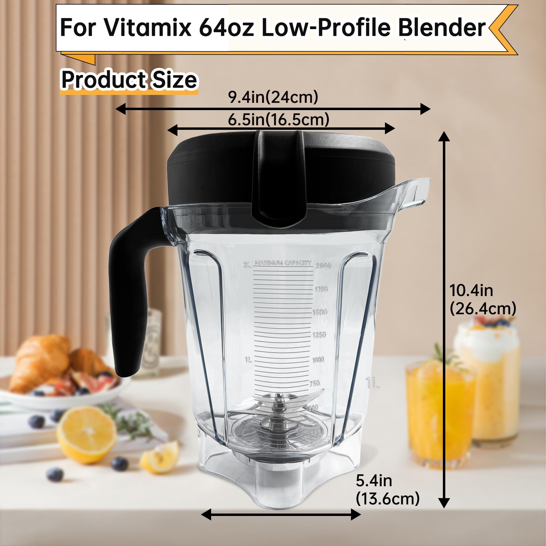 Vitamix 64oz Low-Profile Blender Pitcher Replacement - Compatible with Vitamix 750, 780, 5000, 5200, 6300, 7500, E320, Classic & Explorian Series (VM0101/VM0102/VM0103/VM0109) - 3-Year Warranty - Perfect for Smoothies, Soups & Nut Butters