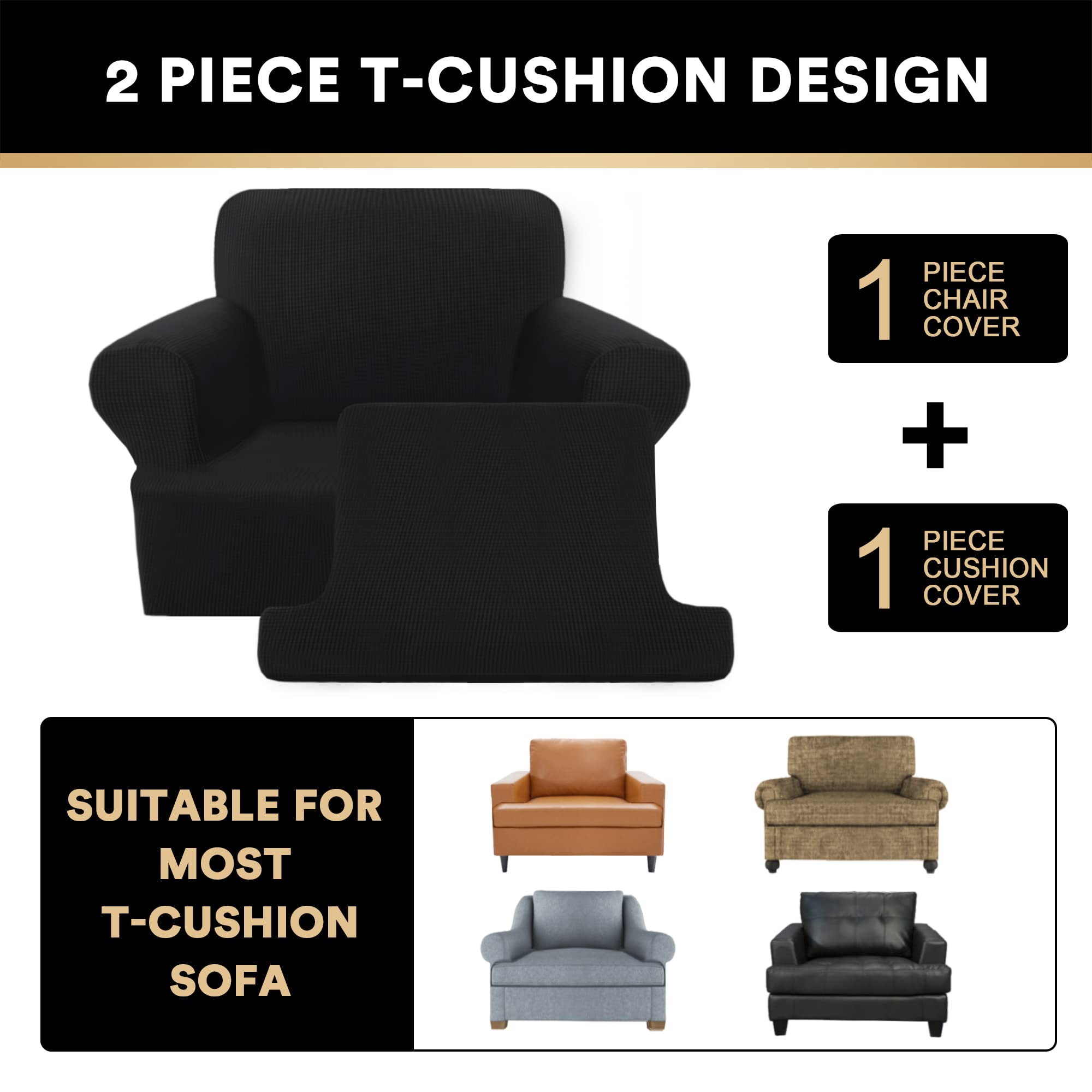 PrinceDeco 2-Piece Stretch Armchair Slipcover Set with T-Cushion Cover - Soft Furniture Protector for Living Room, Bedroom & Office - Machine Washable Black Chair Covers for Comfort & Style