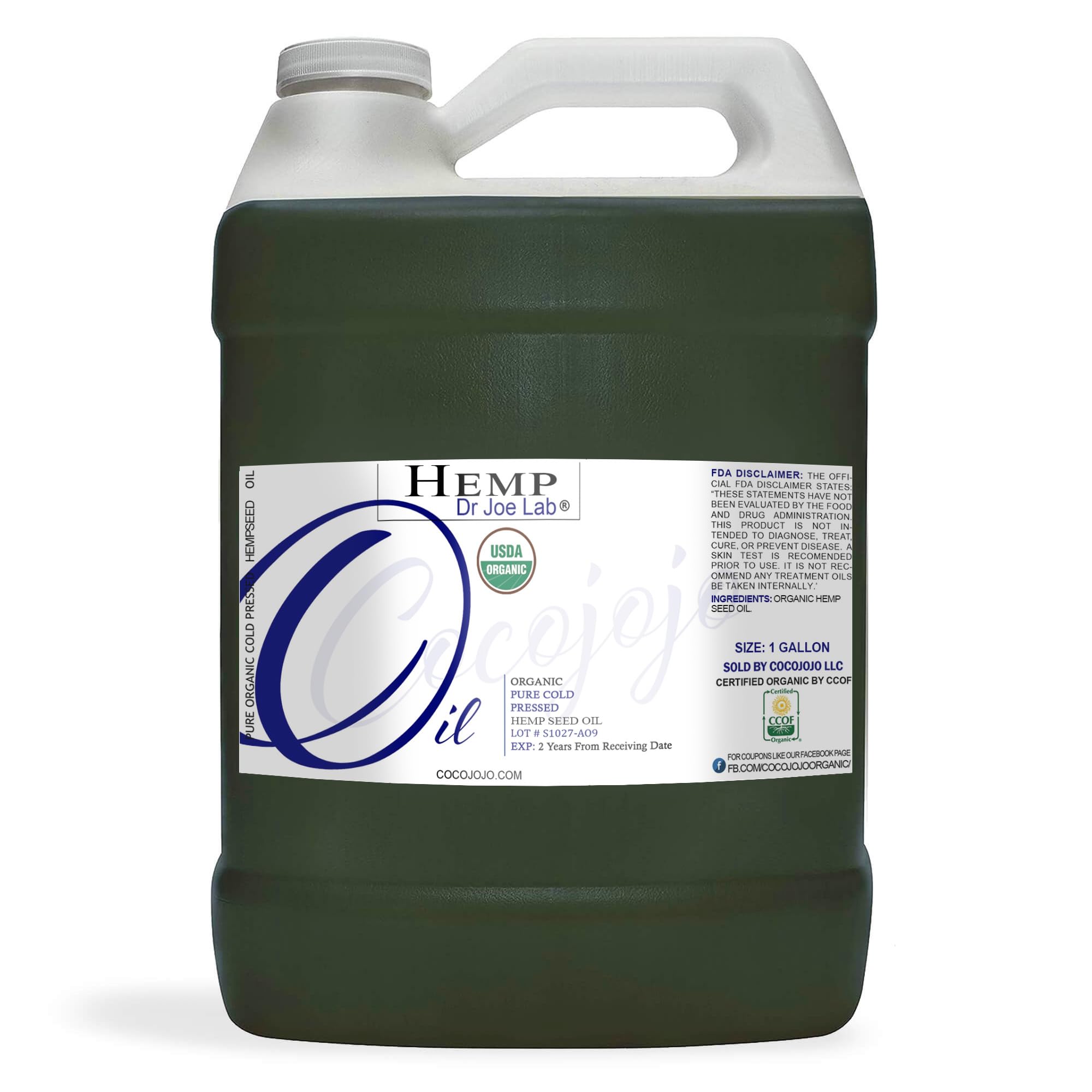 Organic Hemp Seed Oil 128oz (1 Gallon) - USDA Certified, Cold Pressed, Extra Virgin, Non-GMO, Vegan Carrier Oil - Perfect for DIY Essential Oils, Tinctures, Massage & Skin Care - Made in USA