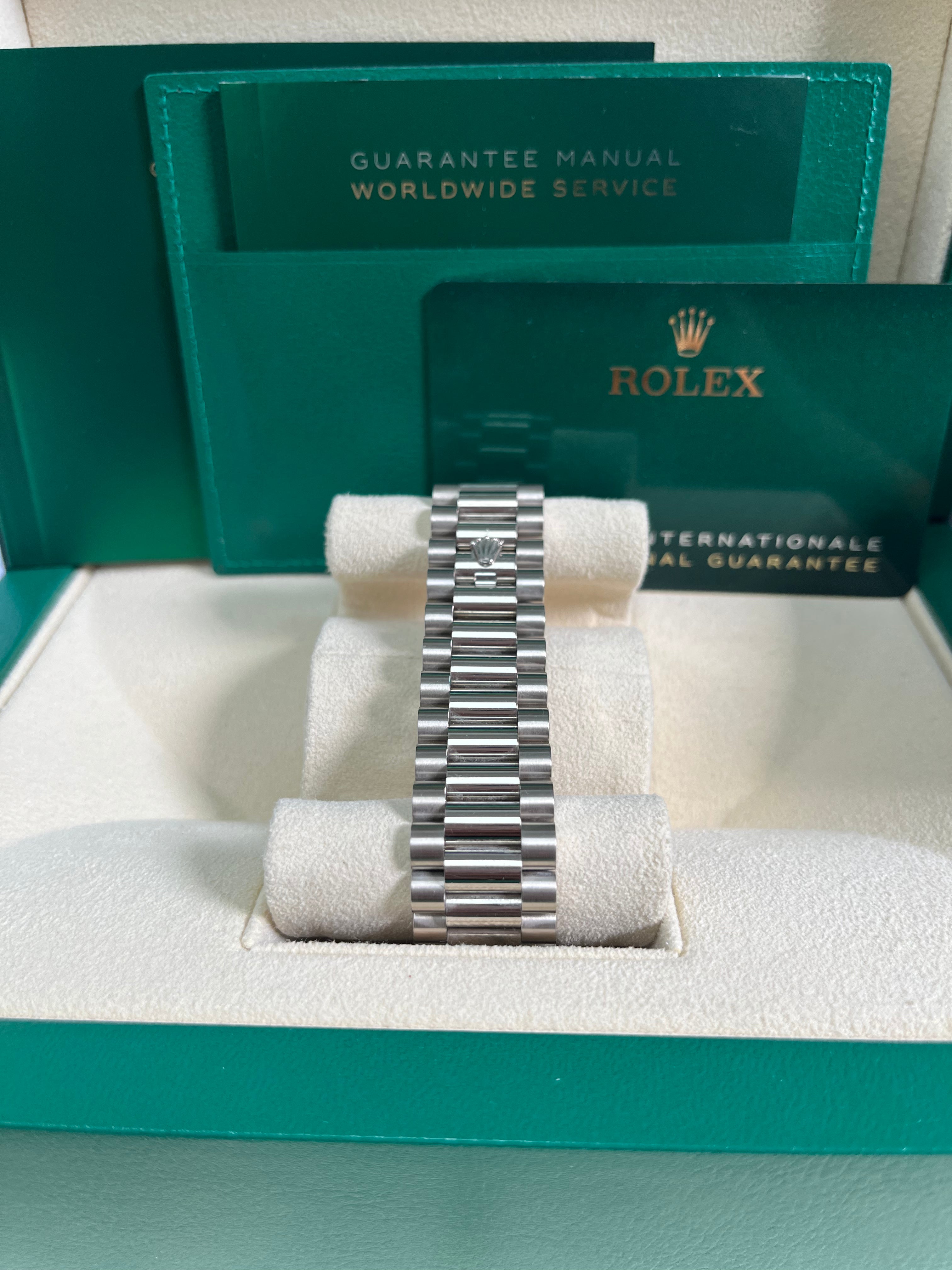 Rolex Day Date 40 White Gold Watch with Fluted Bezel & Olive Green Roman Dial - President Bracelet (Ref# 228239) | Luxury Dress Watch for Business & Formal Occasions