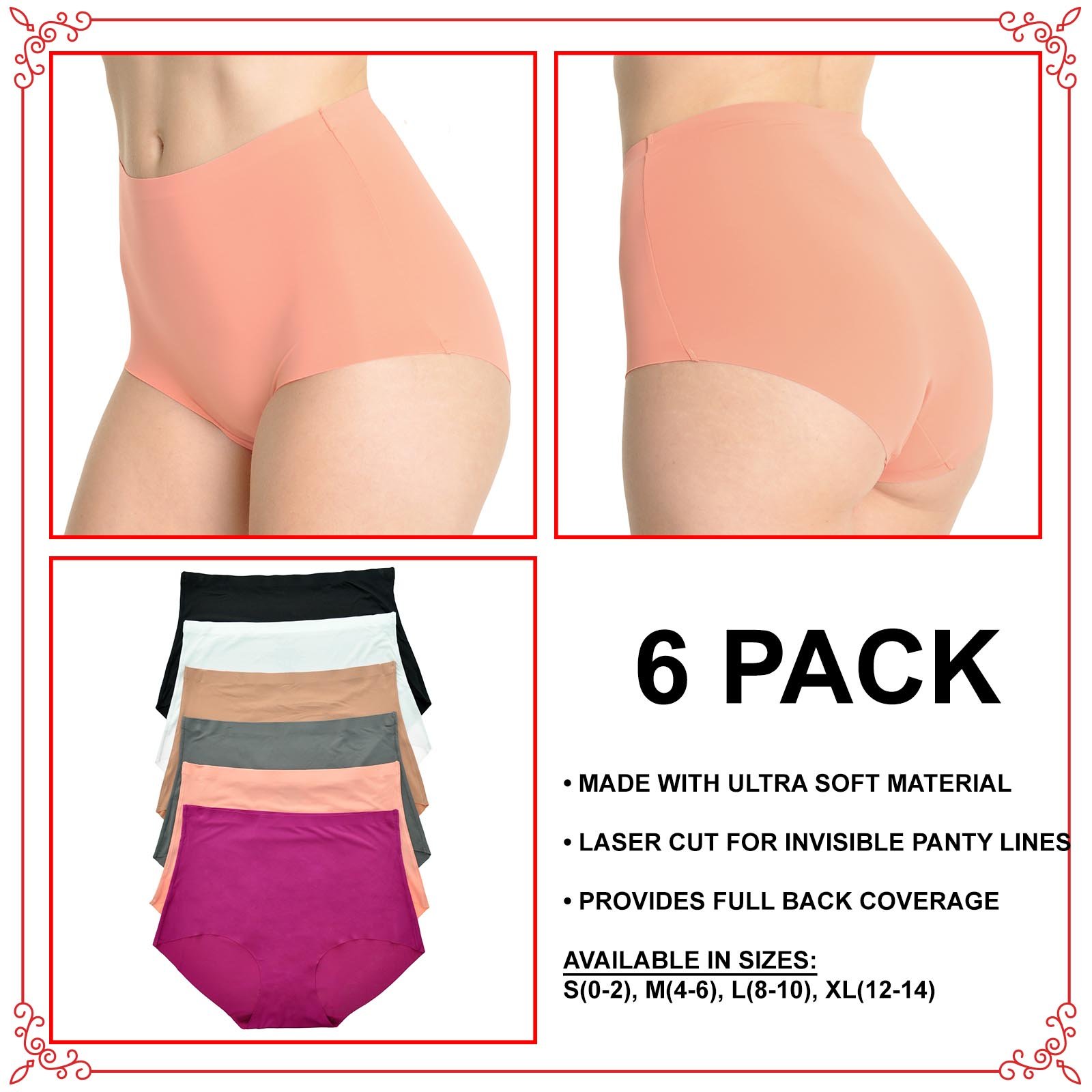 Angelina Women's Seamless Laser Cut Invisible Panties - 6 Pack Ultra Soft Nylon Underwear for Everyday Comfort & No Show Wear