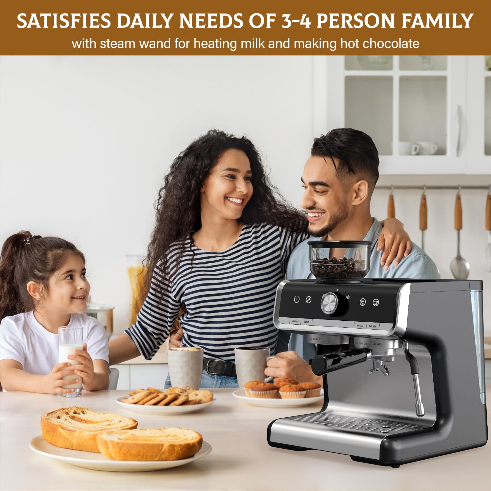 20 Bar Espresso Machine with Built-in Grinder & Steam Wand - All-in-One Home Coffee Maker for Latte, Cappuccino & Espresso - Perfect for Kitchen Countertop & Small Spaces (Dark Gray)