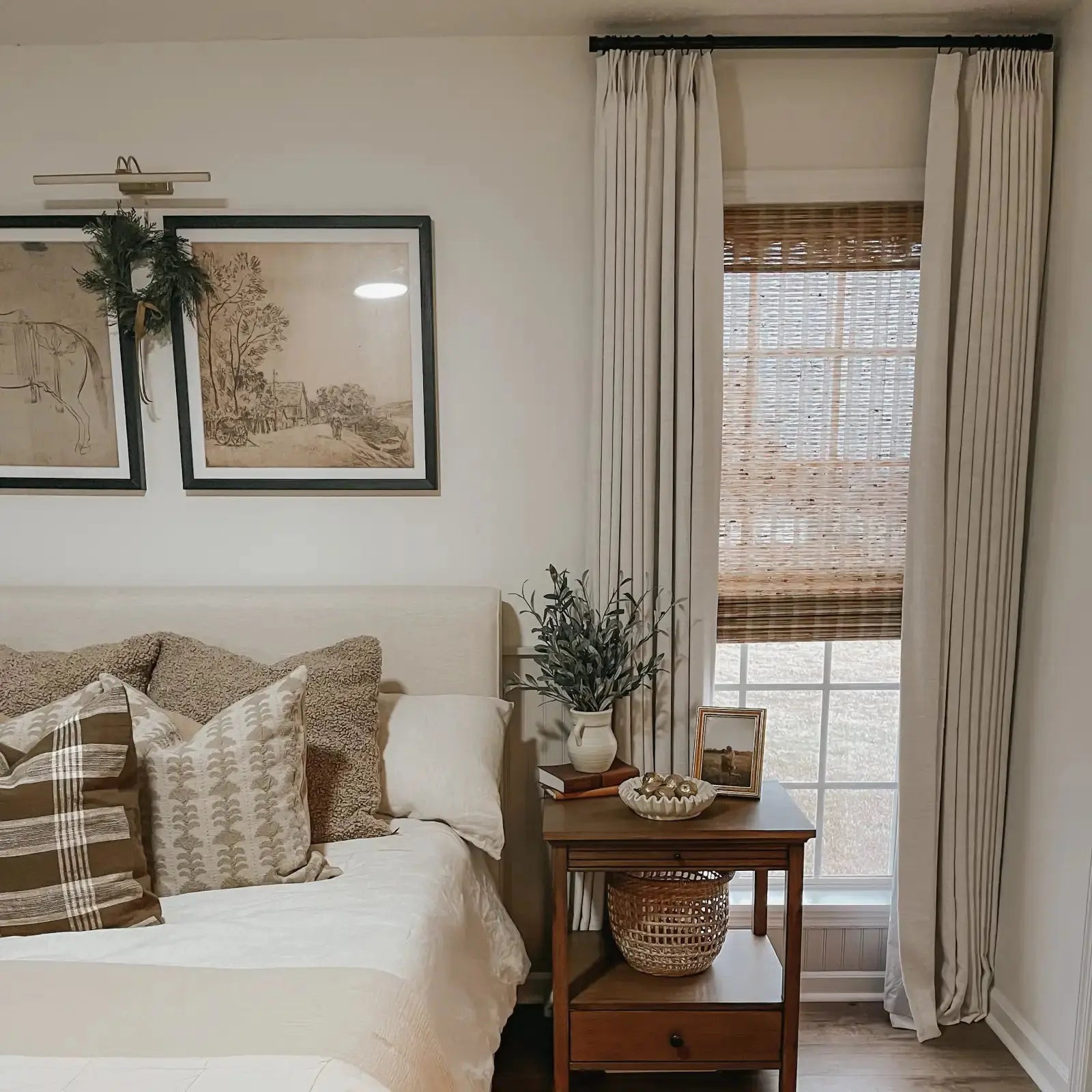 Liz Linen Pinch Pleat Drapery Curtains - Unlined Beige & White Window Treatments for Living Room & Bedroom Decor