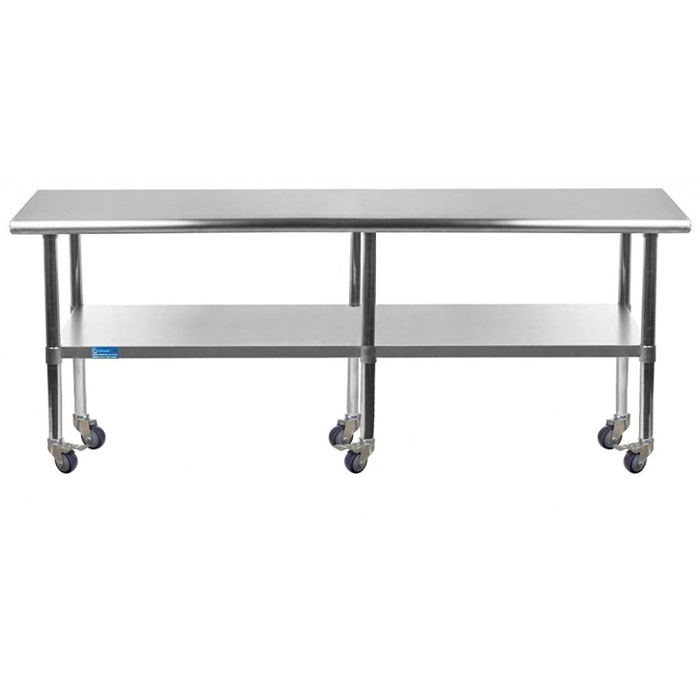 AmGood 14x84 Inch Stainless Steel Work Table with Wheels - Heavy Duty Rolling Metal Utility Table for Commercial Kitchen, Restaurant, Food Prep & Home Use | Kitchen Island Cart with Casters