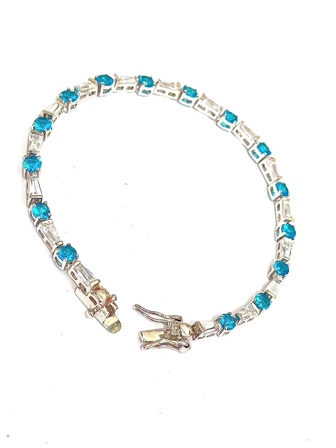 Handmade Sterling Silver 925 Tennis Bracelet with Light Blue Sapphire CZ Baguette Cut - Unique Jewelry Gift for Women, Anniversary, Birthday & Valentine's Day - Perfect for Special Occasions & Everyday Elegance