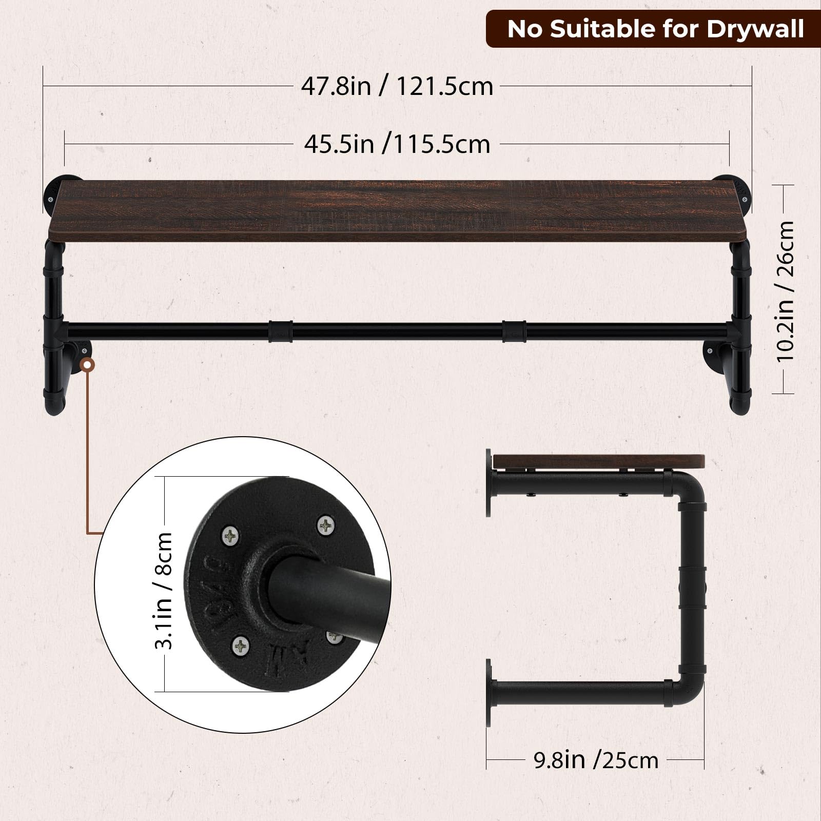 GREENSTELL Wall Mounted Clothes Rack - 45.5 Inch Industrial Pipe Shelf with Hanging Rod for Bedroom, Laundry Room & Closet | Space Saving Clothing Organizer for Hanging Clothes, Towels & Accessories | Perfect for Small Spaces & Apartment Living