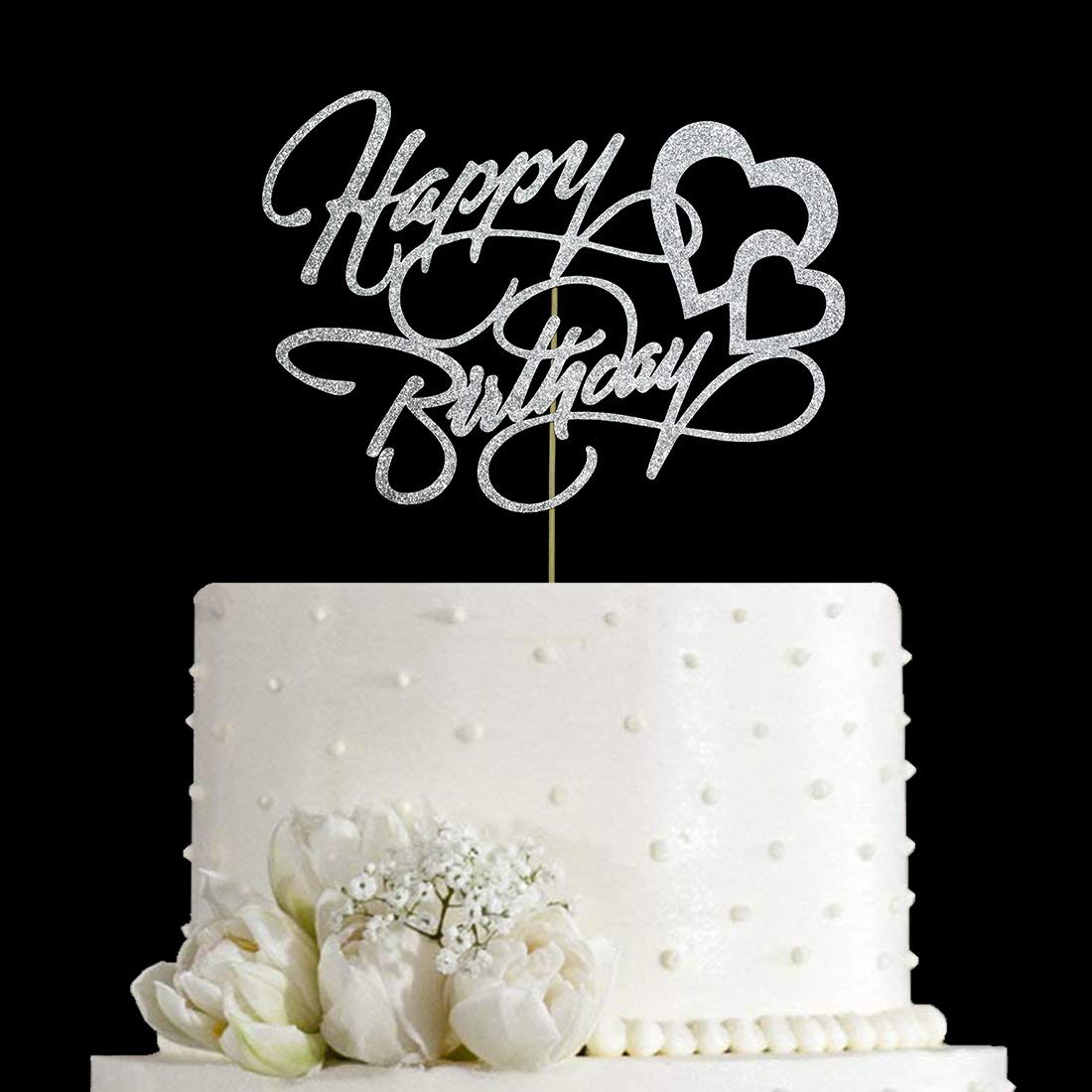 Happy Birthday Cake Topper - Double Sided Silver Glitter Party Decoration for Birthday Cakes, Cupcakes & Desserts - Perfect for Birthday Parties, Baby Showers & Celebrations