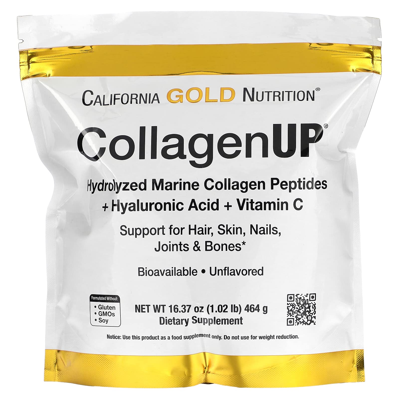 California Gold Nutrition Collagen Peptides Powder with Hyaluronic Acid & Vitamin C - 16.37oz (464g) Unflavored Protein Supplement for Hair, Skin, Nails, Joint & Bone Health - Non-GMO, Gluten-Free, Dairy-Free - Perfect for Smoothies, Coffee & Post-Workout Recovery