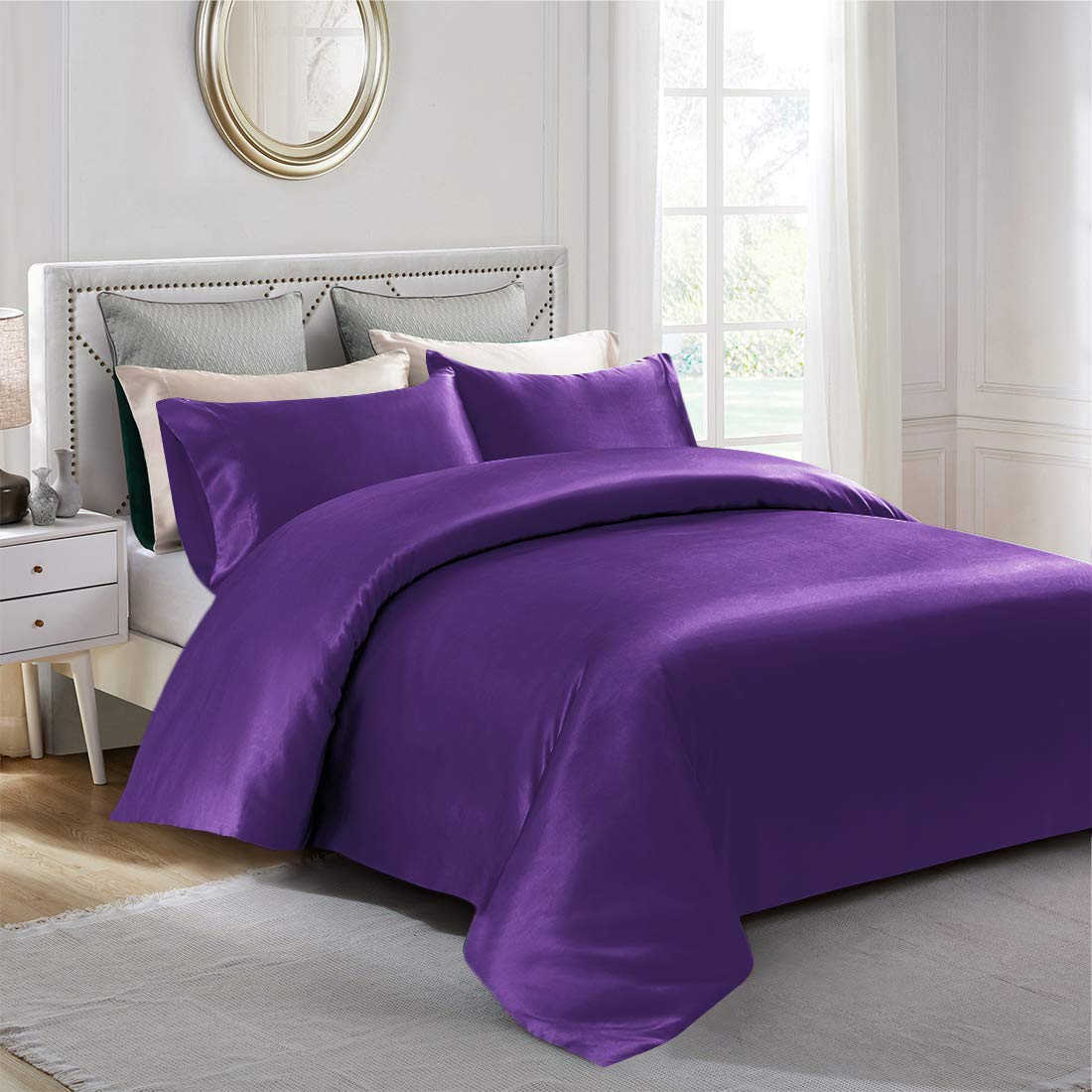 100% Pure Silk Satin Duvet Cover Set with 2 Pillowcases - Wrinkle & Fade Resistant, Breathable Luxury Bedding for Full/Queen Size Bed - Soft Cooling Silk Duvet Set in Purple | Perfect for Hot Sleepers & Sensitive Skin | Bedroom Decor Upgrade