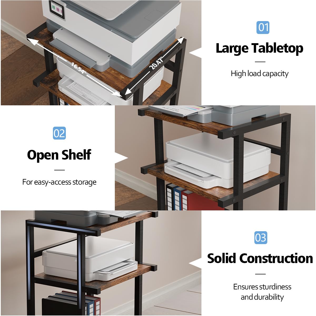3-Tier Heavy Duty Mobile Printer Stand with Wheels & Storage Shelf - 20.47