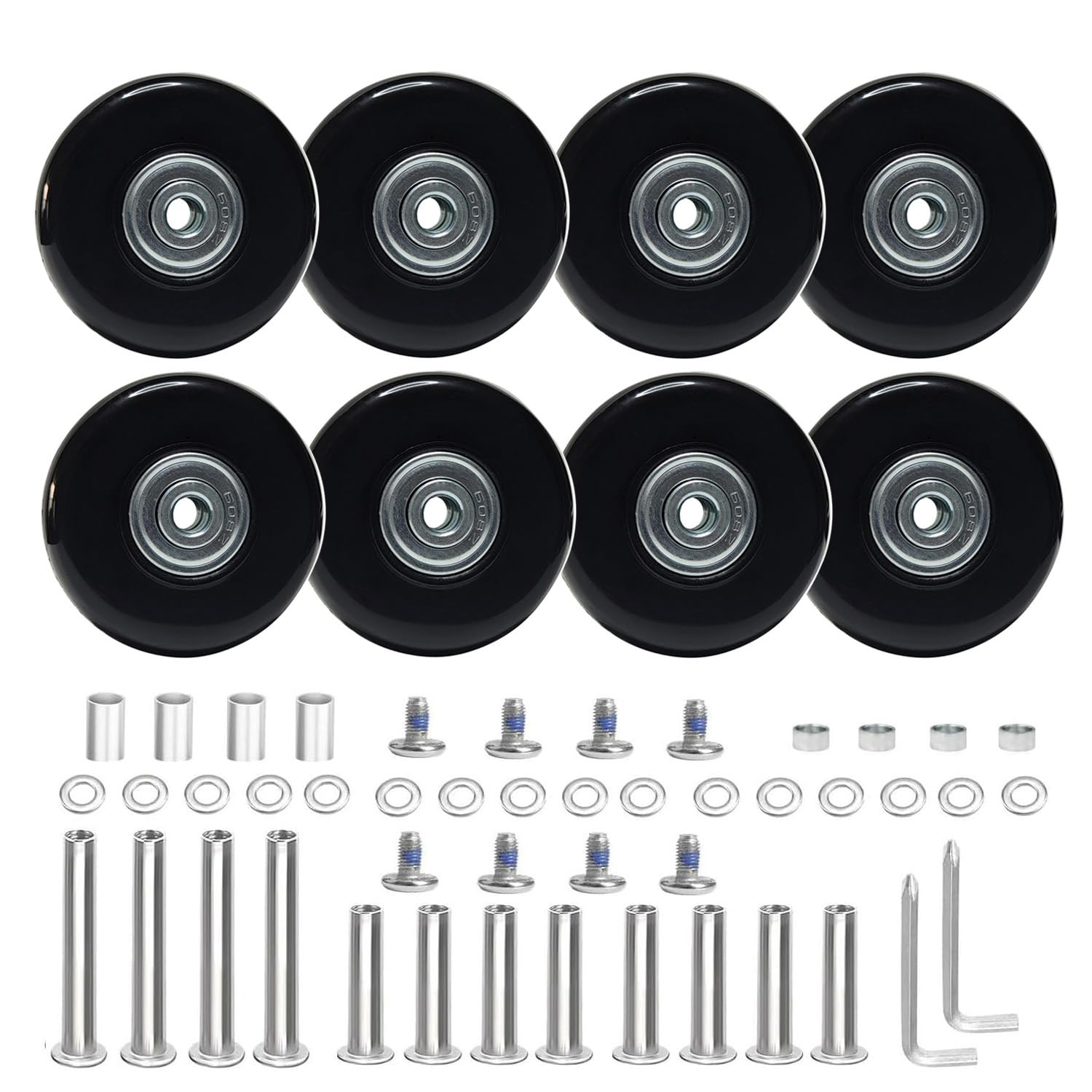8PC 2.4in/60mm PU Rubber Spinner Wheels Replacement Set with 0.63in/16mm Bearings & 2 Size Axles - Silent Flexible Smooth Roller for Damaged Suitcase, Luggage, Trolley Caster Repair - Perfect for Travel, Business Trips and Airport Use