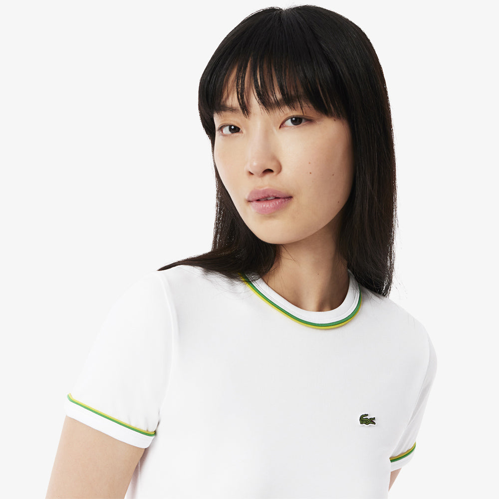 Lacoste Women's Contrast Accent Short Sleeve Jersey T-Shirt - Classic White Cotton Top for Casual Wear & Everyday Outfits