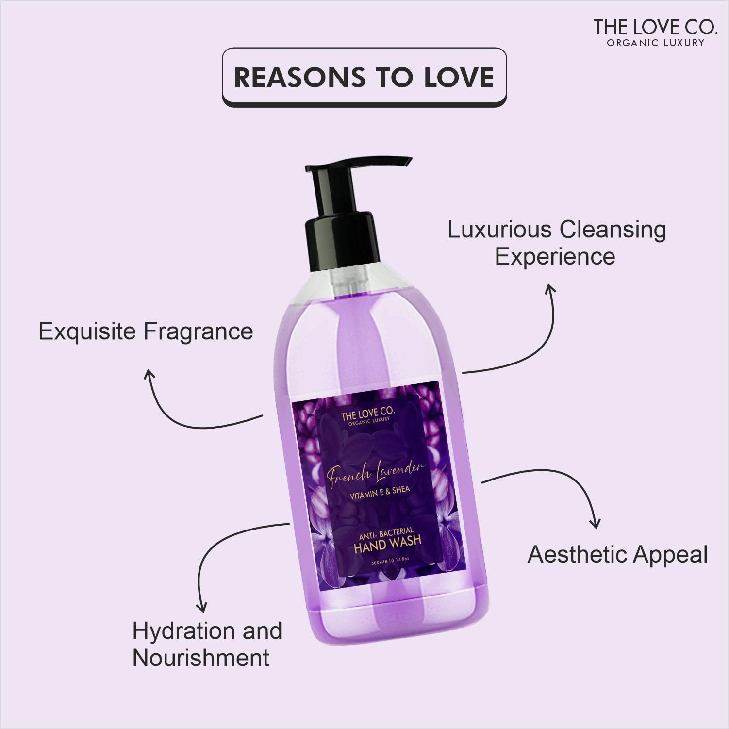 The Love Co. Moisturizing & Gentle Hand Wash for Soft Skin - 300ml Lavender Scented Hand Soap - Perfect for Bathroom, Kitchen & Guest Use